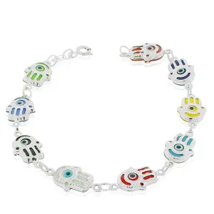 925 Sterling Silver Multicolor Hamsa Hand Good Luck Link Chain Bracelet