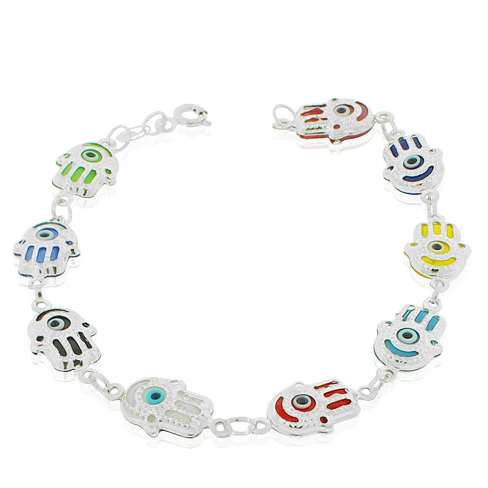 925 Sterling Silver Multicolor Hamsa Hand Good Luck Link Chain Bracelet