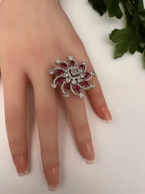 AD Floral Silver Adjustable Color Stone Cocktail Ring
