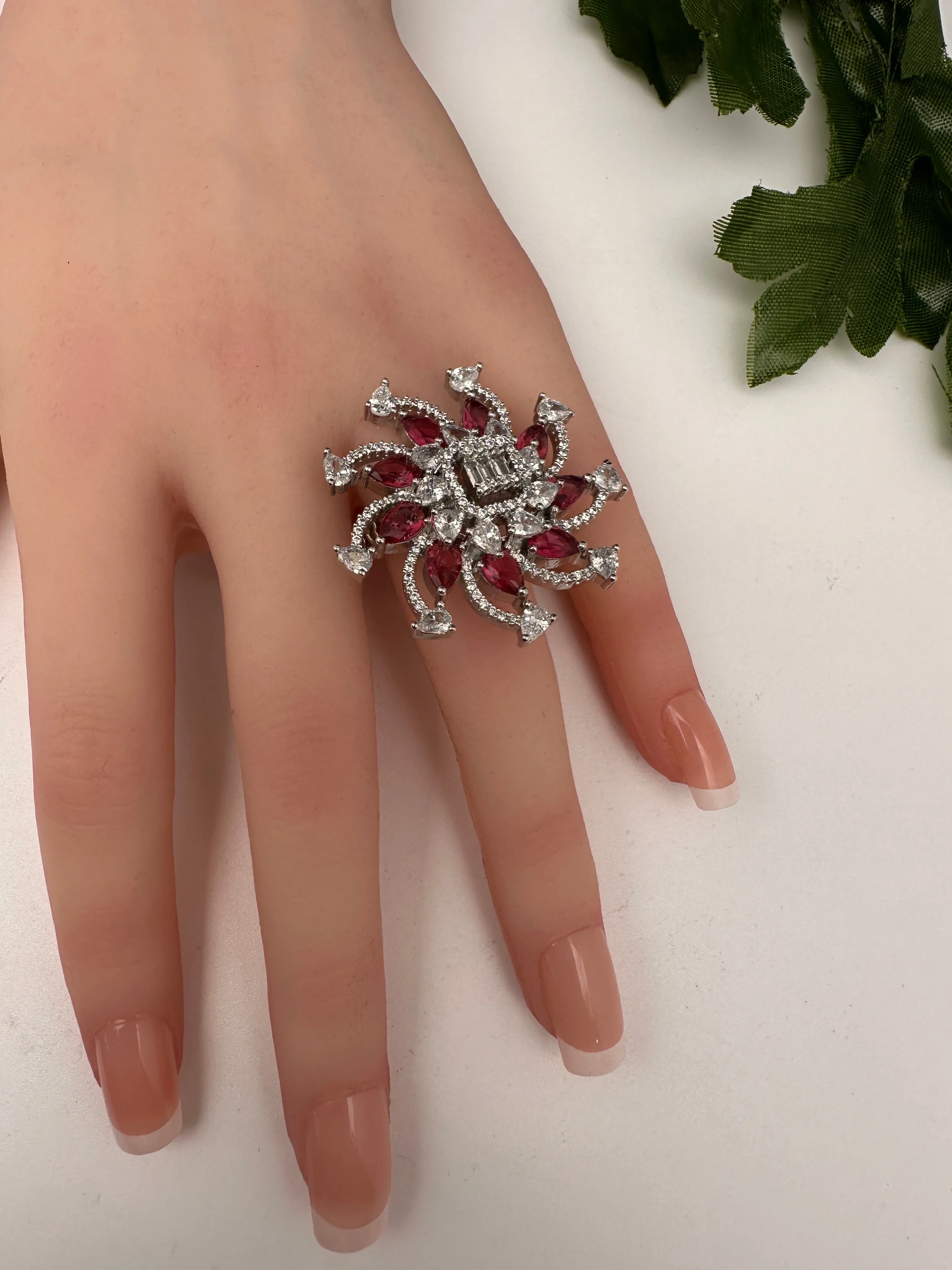 AD Floral Silver Adjustable Color Stone Cocktail Ring
