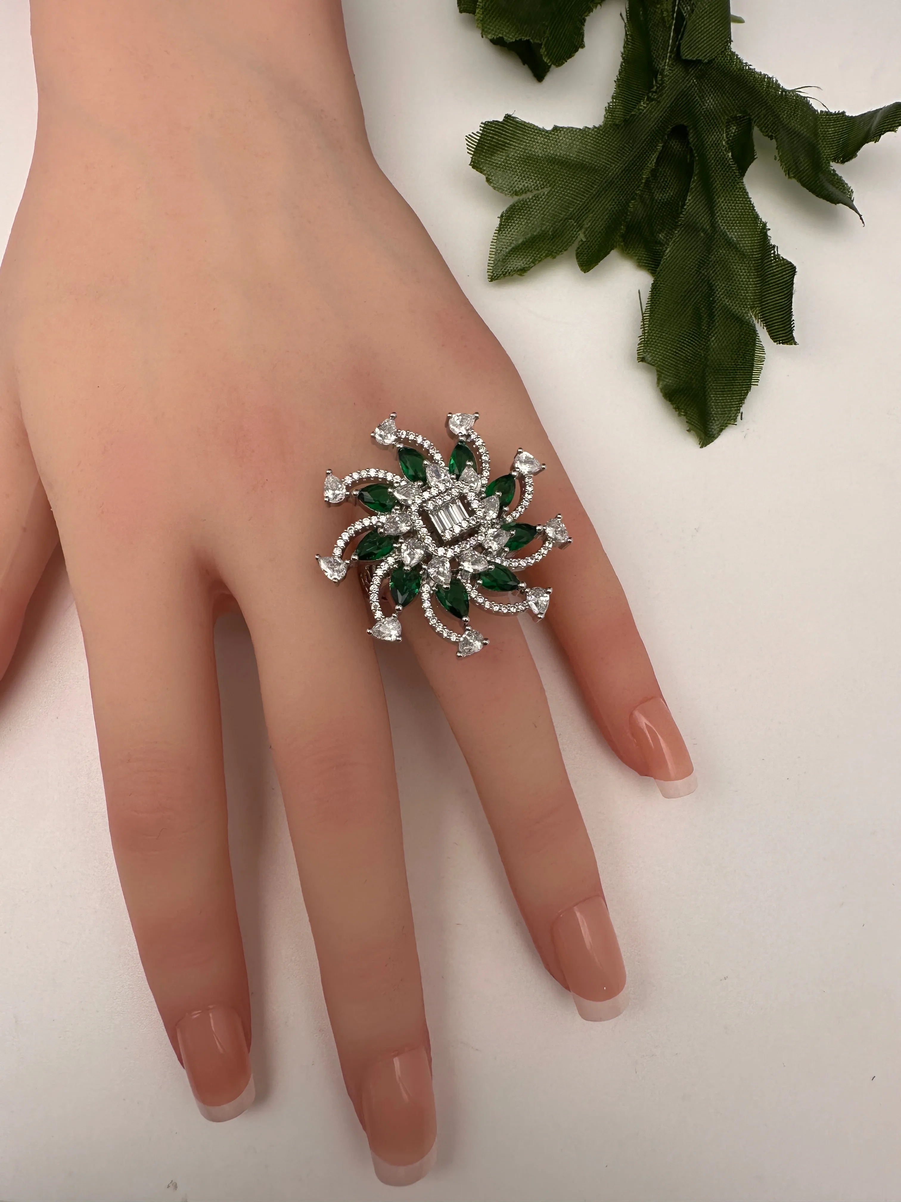 AD Floral Silver Adjustable Color Stone Cocktail Ring