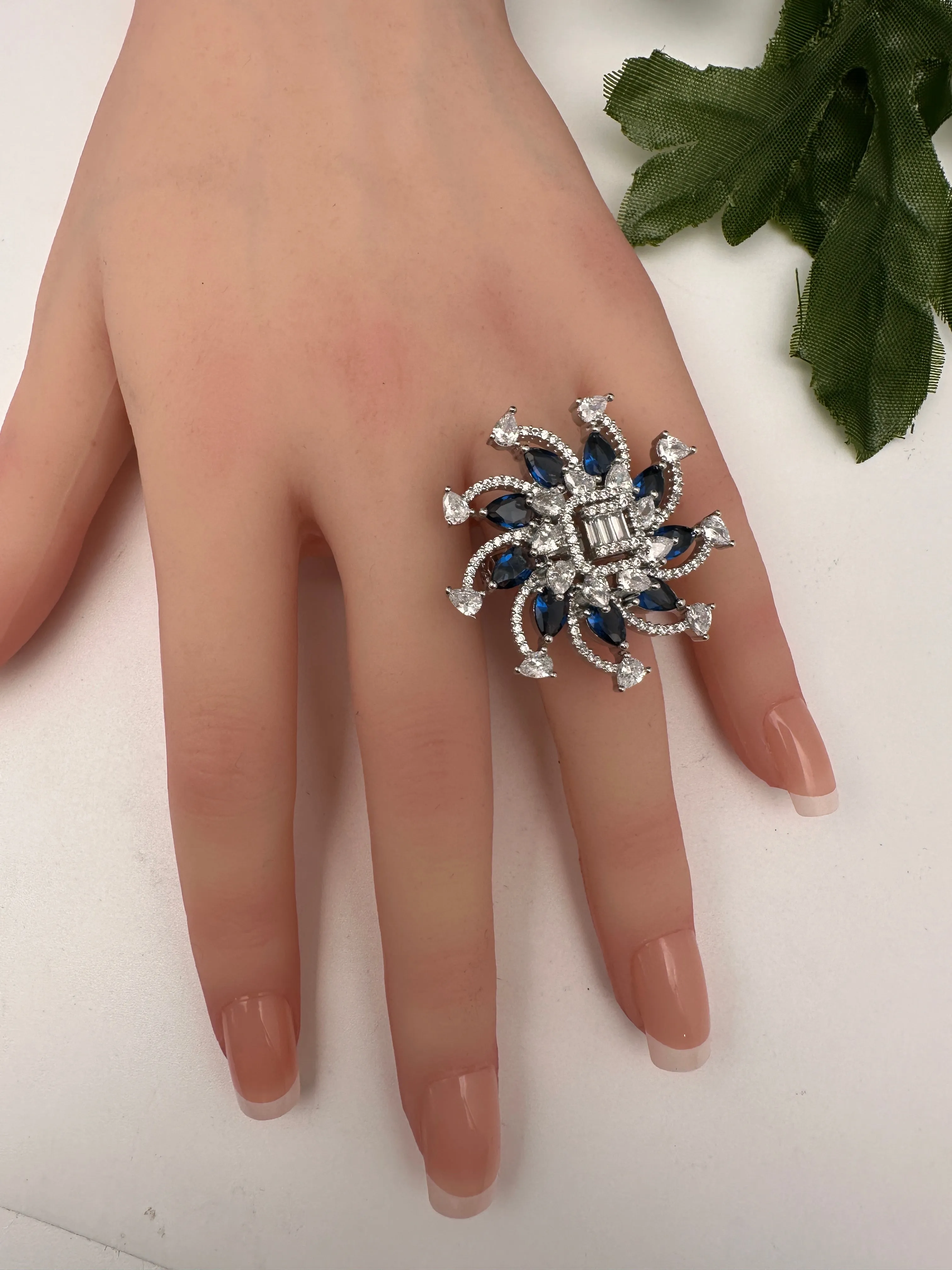 AD Floral Silver Adjustable Color Stone Cocktail Ring