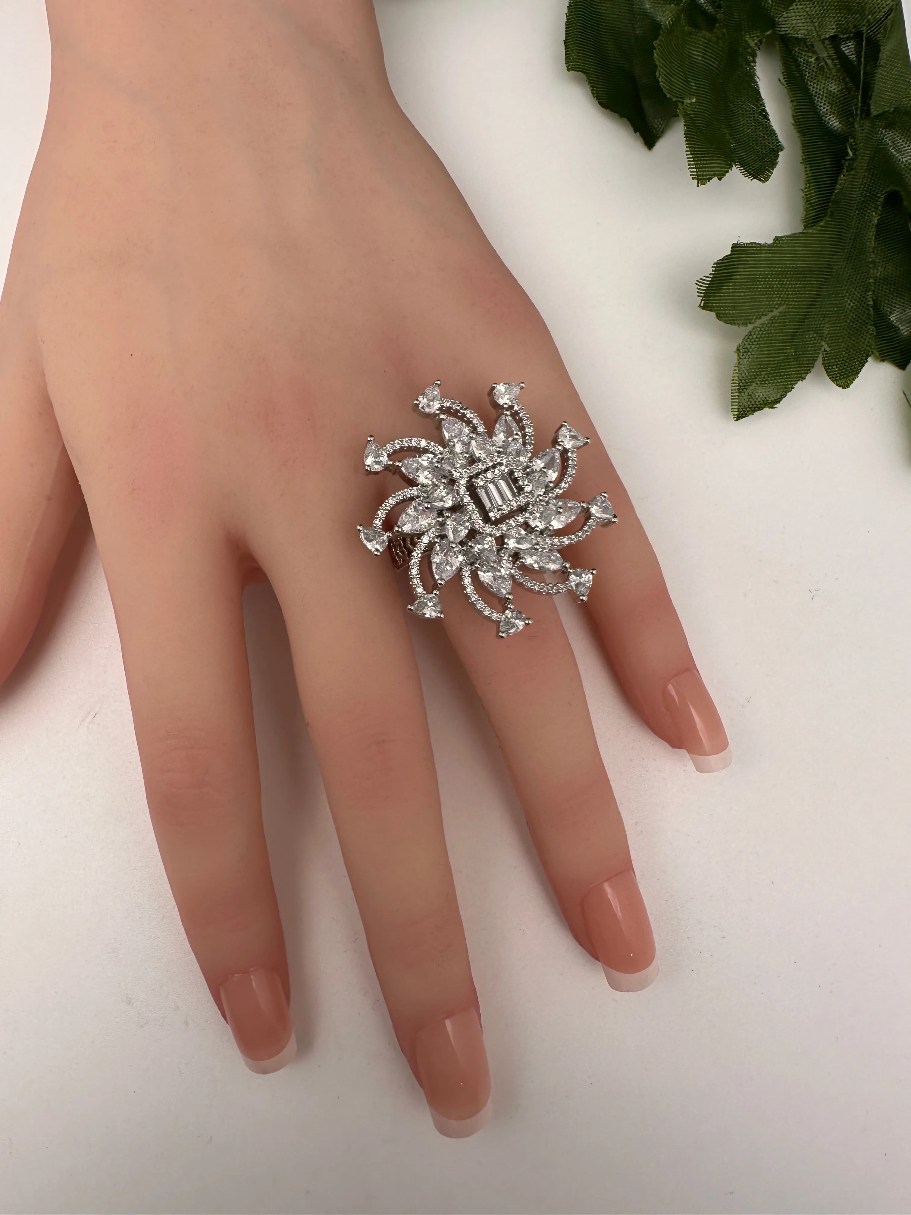 AD Floral Silver Adjustable Color Stone Cocktail Ring