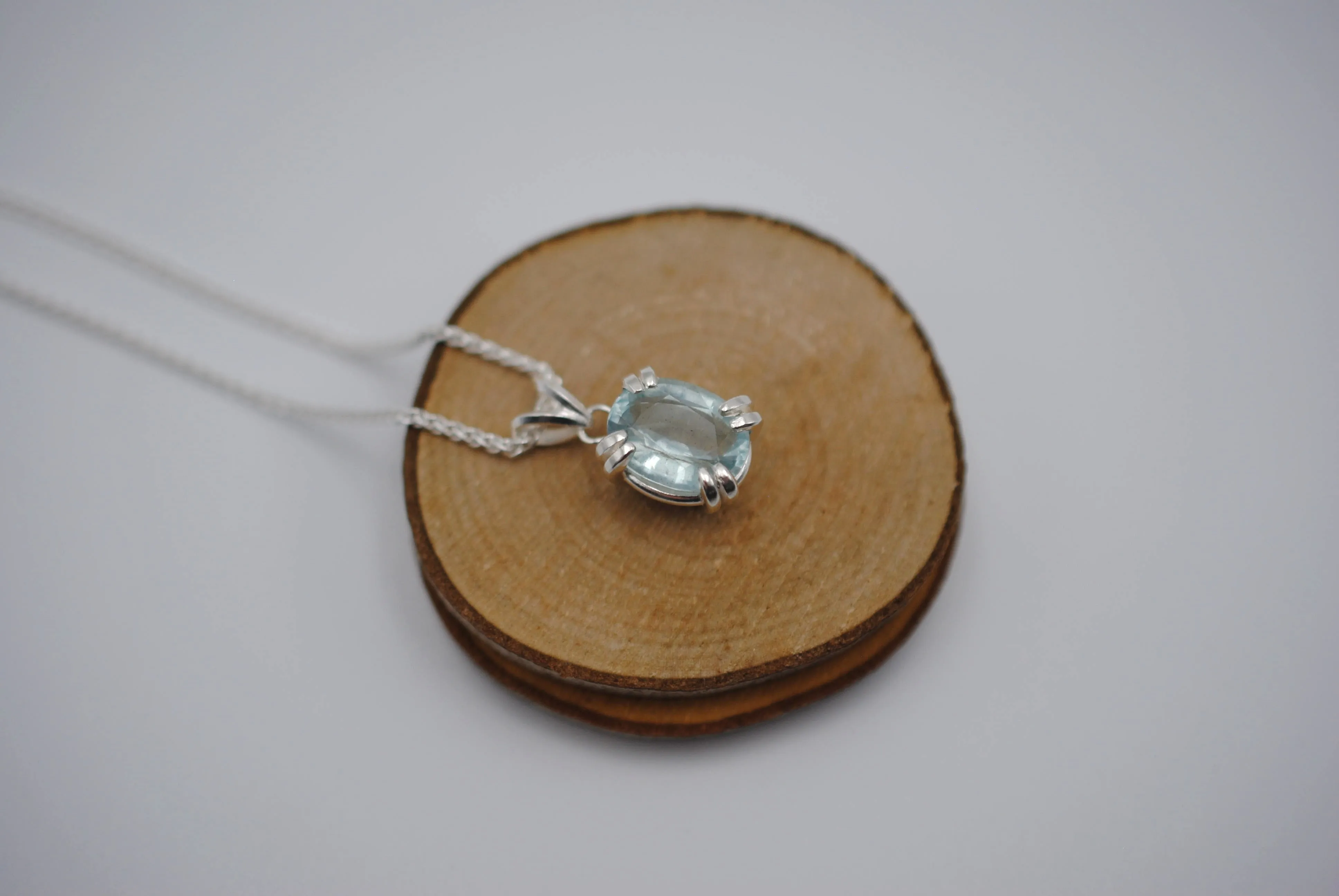 Aquamarine Necklace: Oval Cut, Silver Double Prong Setting, Adjustable Wheat Chain