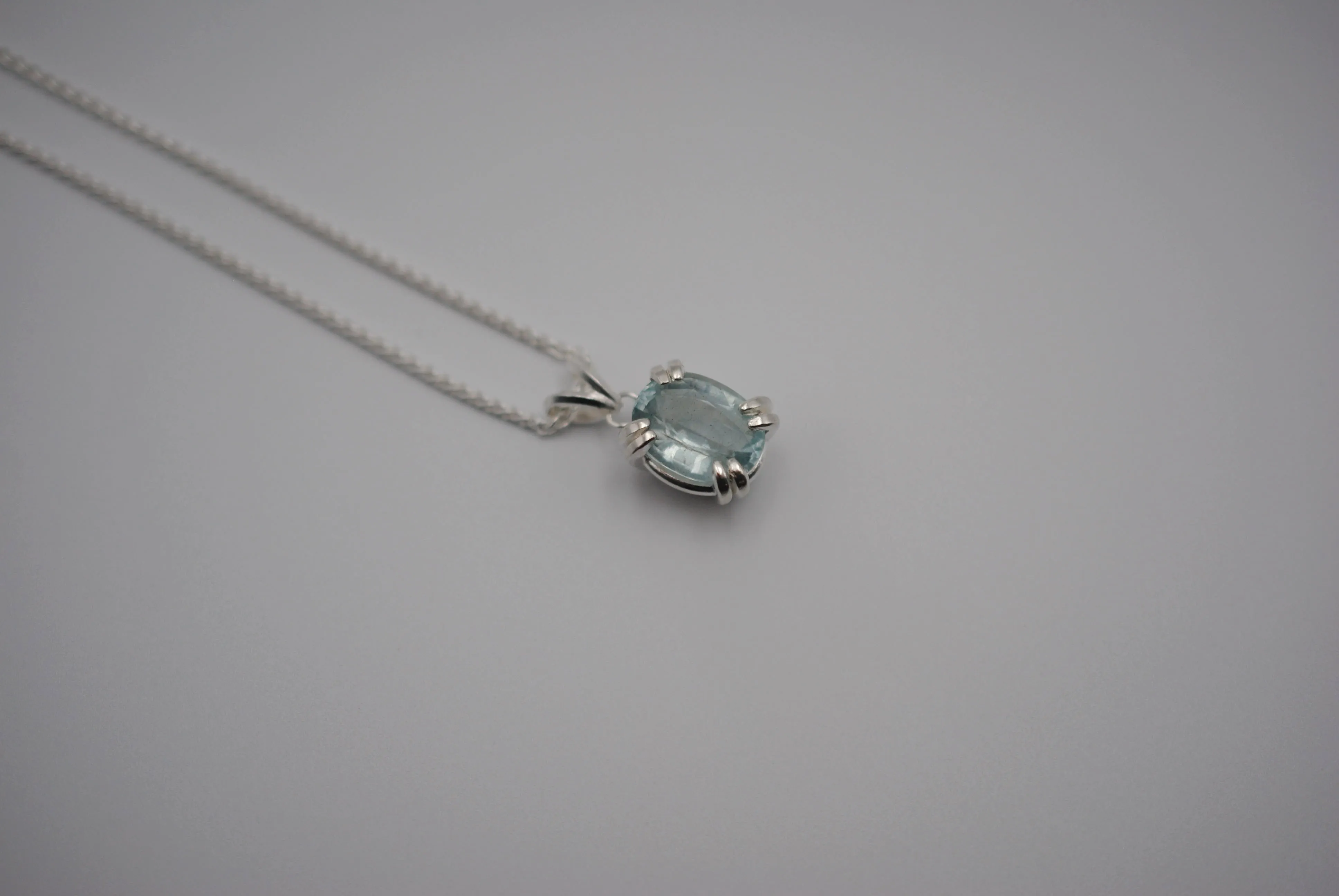 Aquamarine Necklace: Oval Cut, Silver Double Prong Setting, Adjustable Wheat Chain