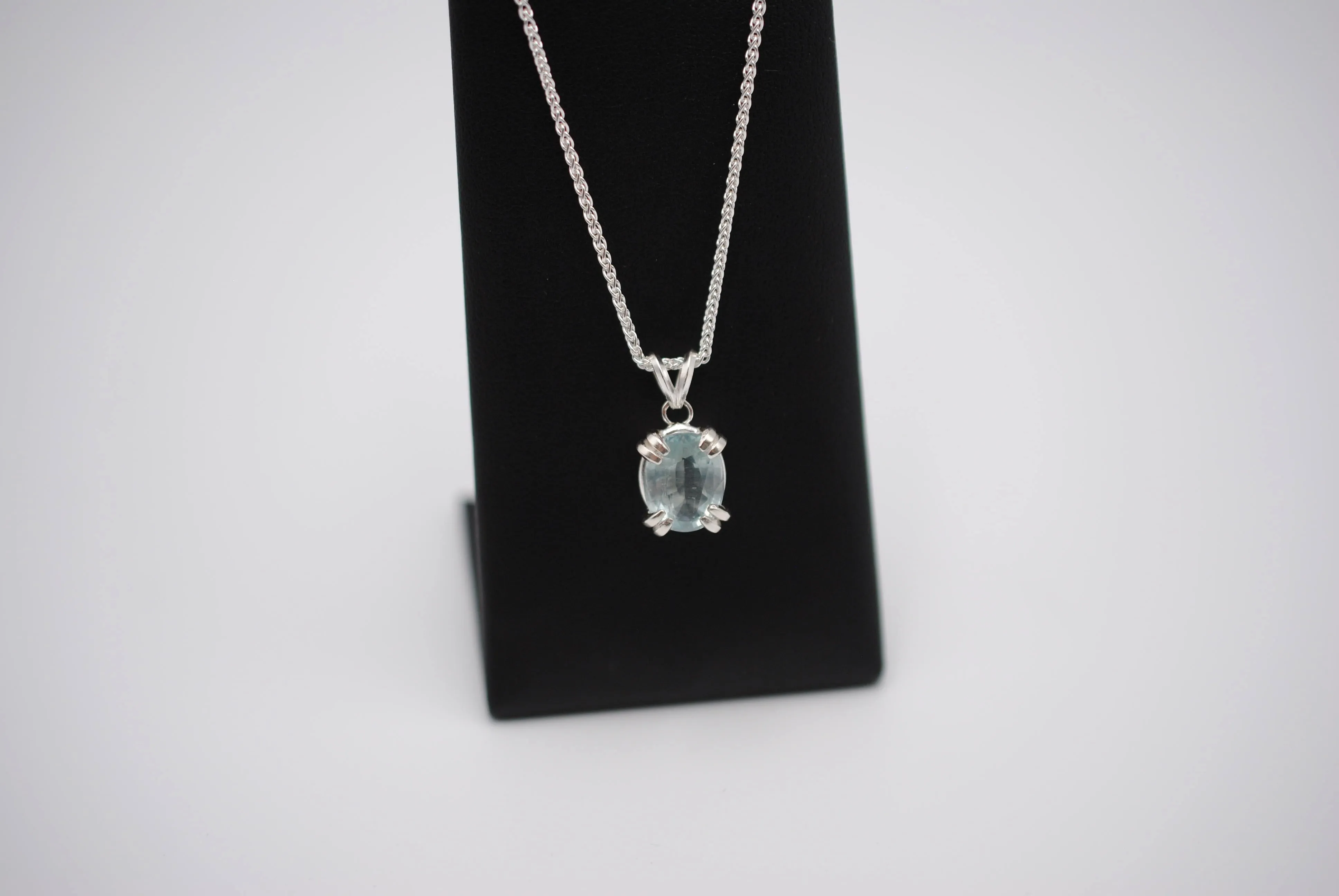 Aquamarine Necklace: Oval Cut, Silver Double Prong Setting, Adjustable Wheat Chain