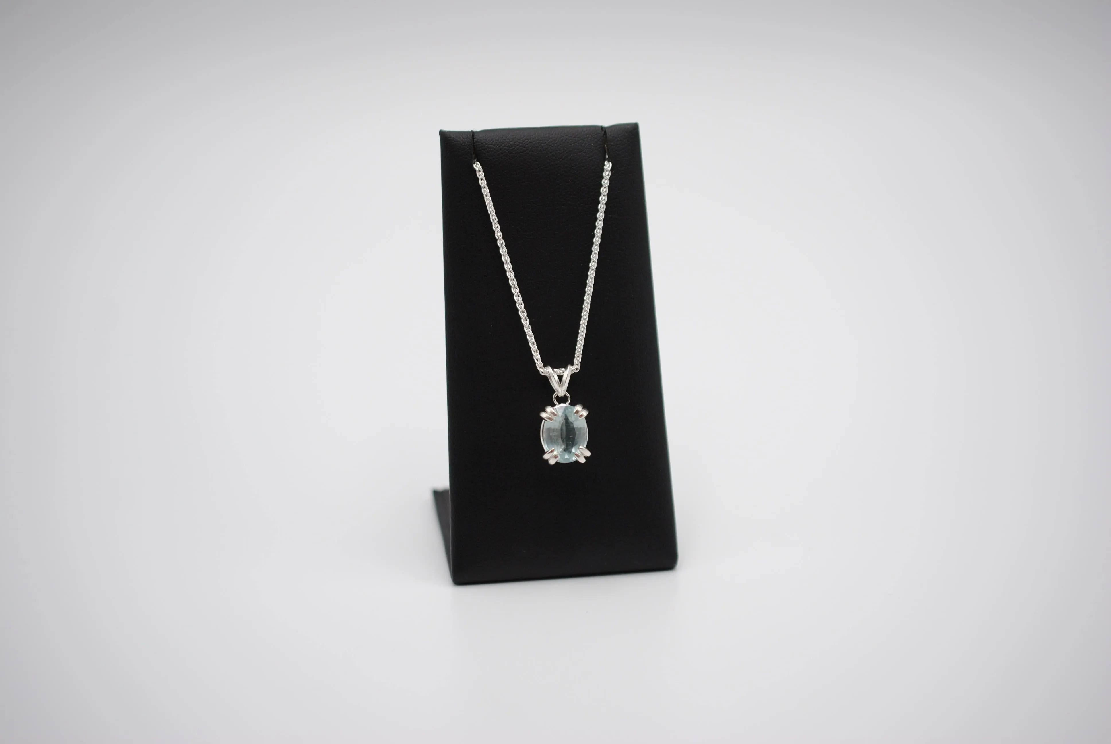 Aquamarine Necklace: Oval Cut, Silver Double Prong Setting, Adjustable Wheat Chain