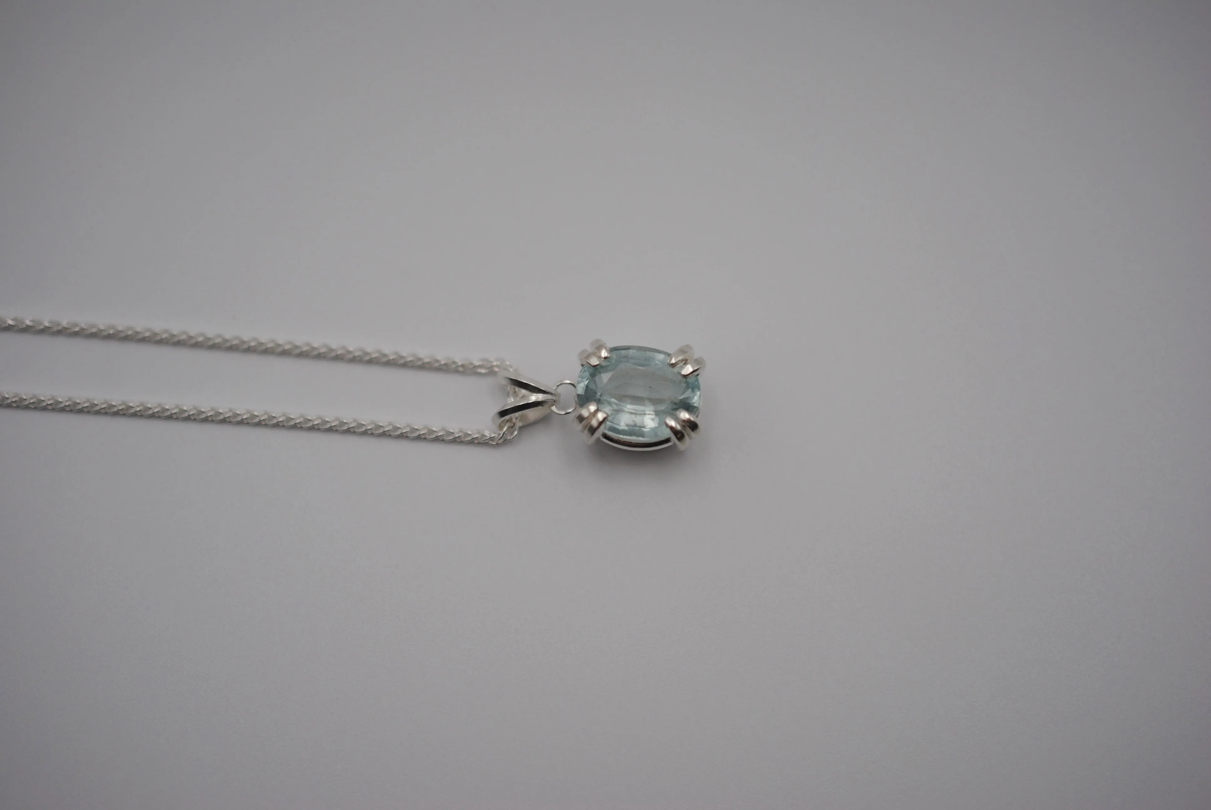 Aquamarine Necklace: Oval Cut, Silver Double Prong Setting, Adjustable Wheat Chain