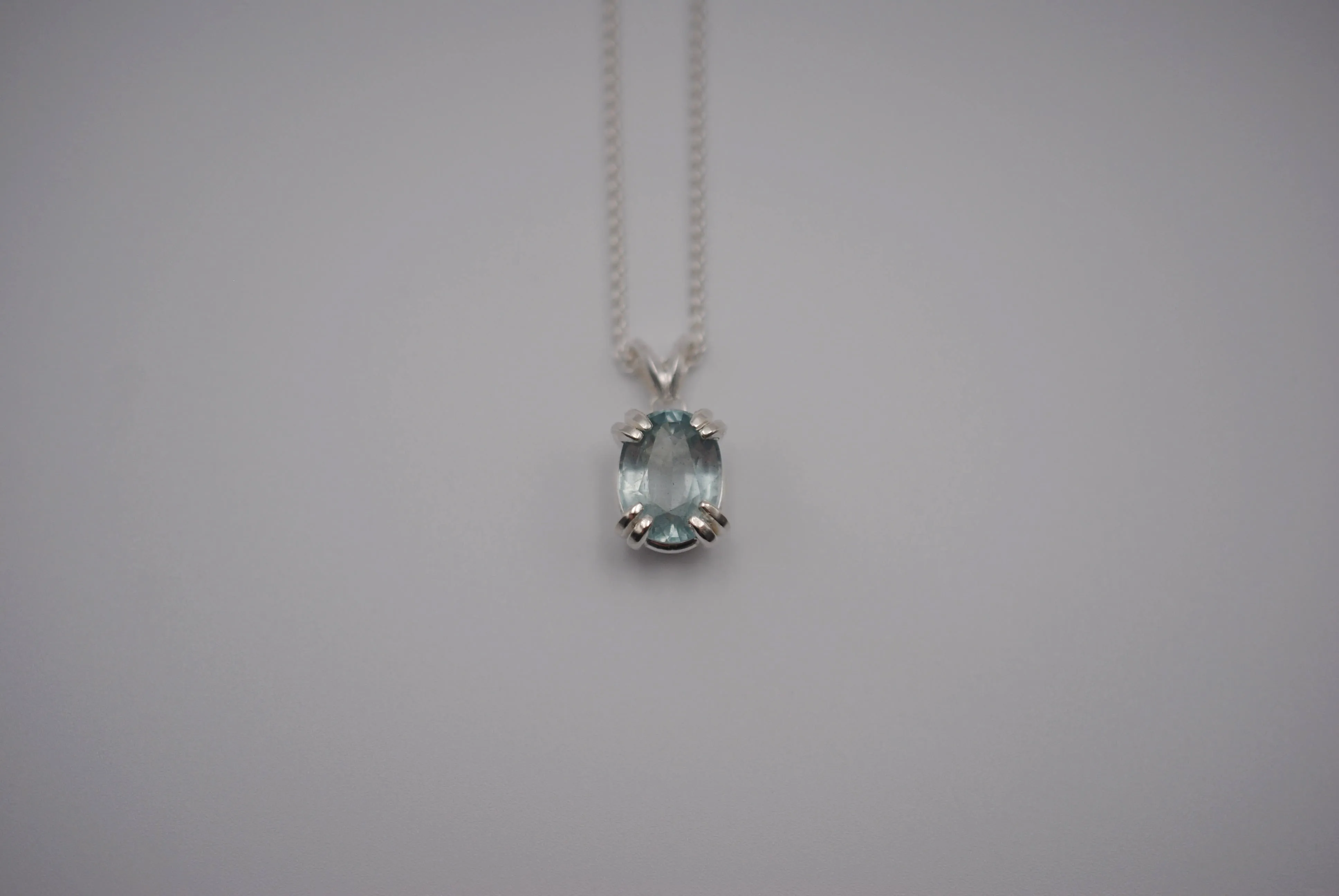 Aquamarine Necklace: Oval Cut, Silver Double Prong Setting, Adjustable Wheat Chain
