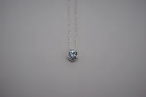 Birthstone Necklace: Round Aquamarine, Bezel, Silver, Cable Chain