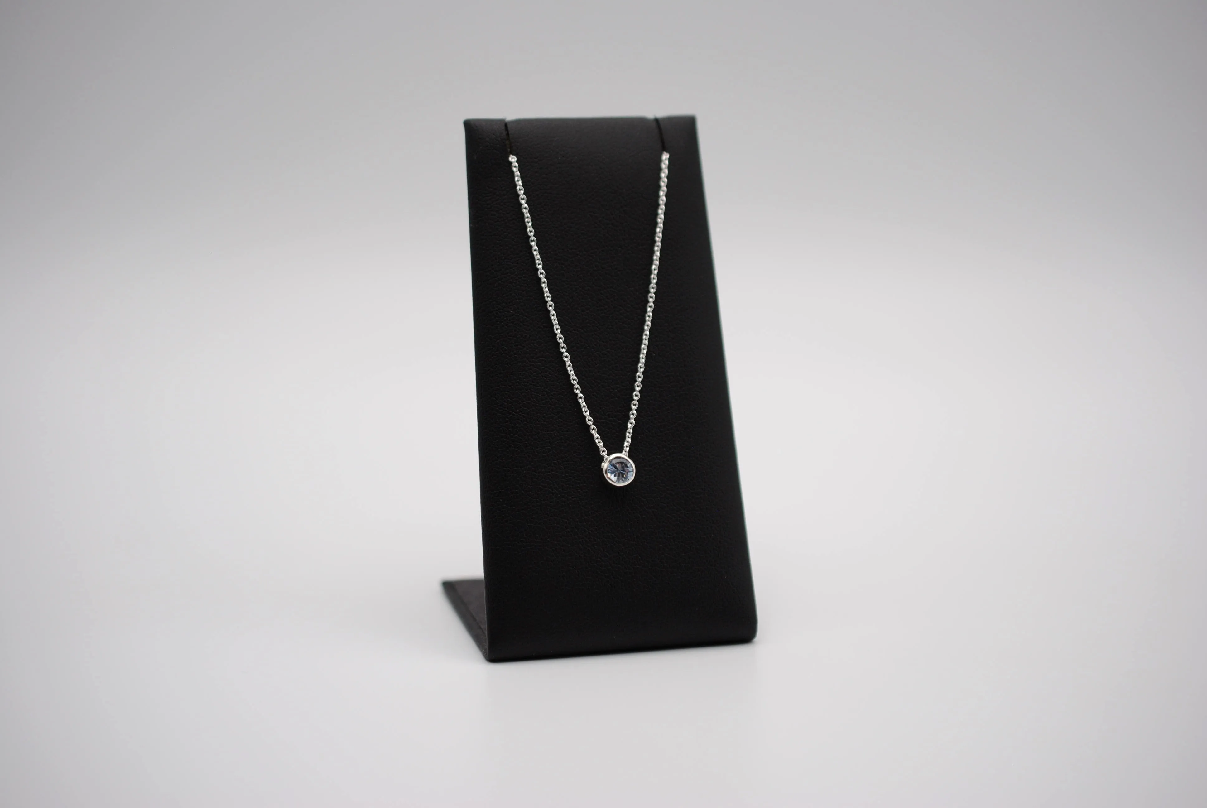 Birthstone Necklace: Round Aquamarine, Bezel, Silver, Cable Chain