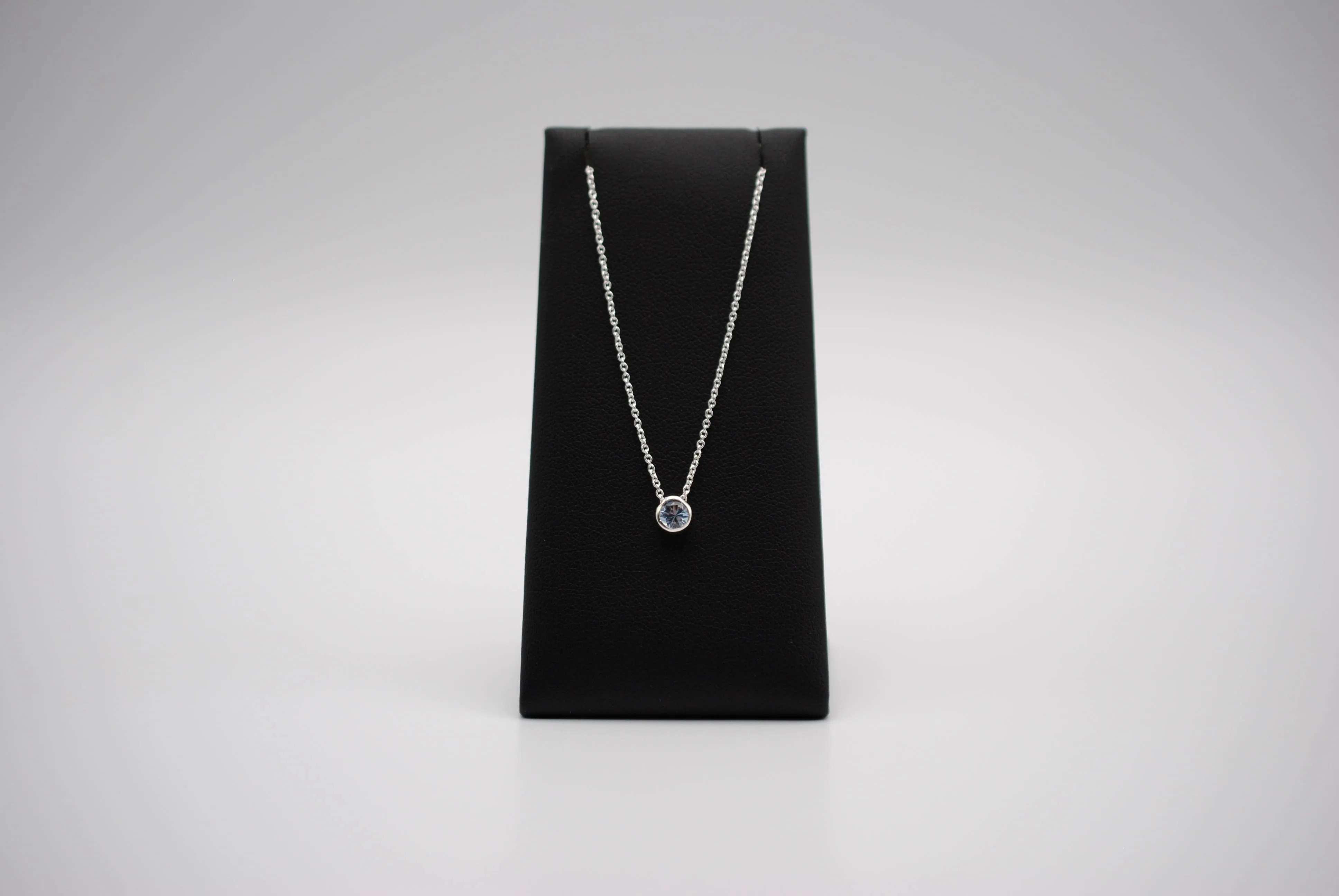 Birthstone Necklace: Round Aquamarine, Bezel, Silver, Cable Chain