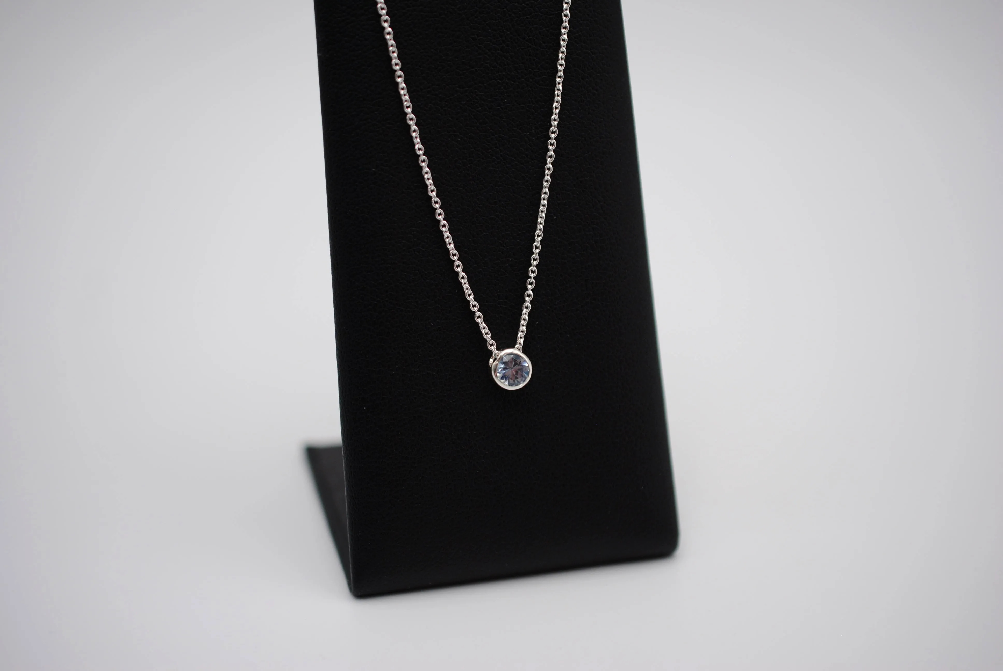 Birthstone Necklace: Round Aquamarine, Bezel, Silver, Cable Chain