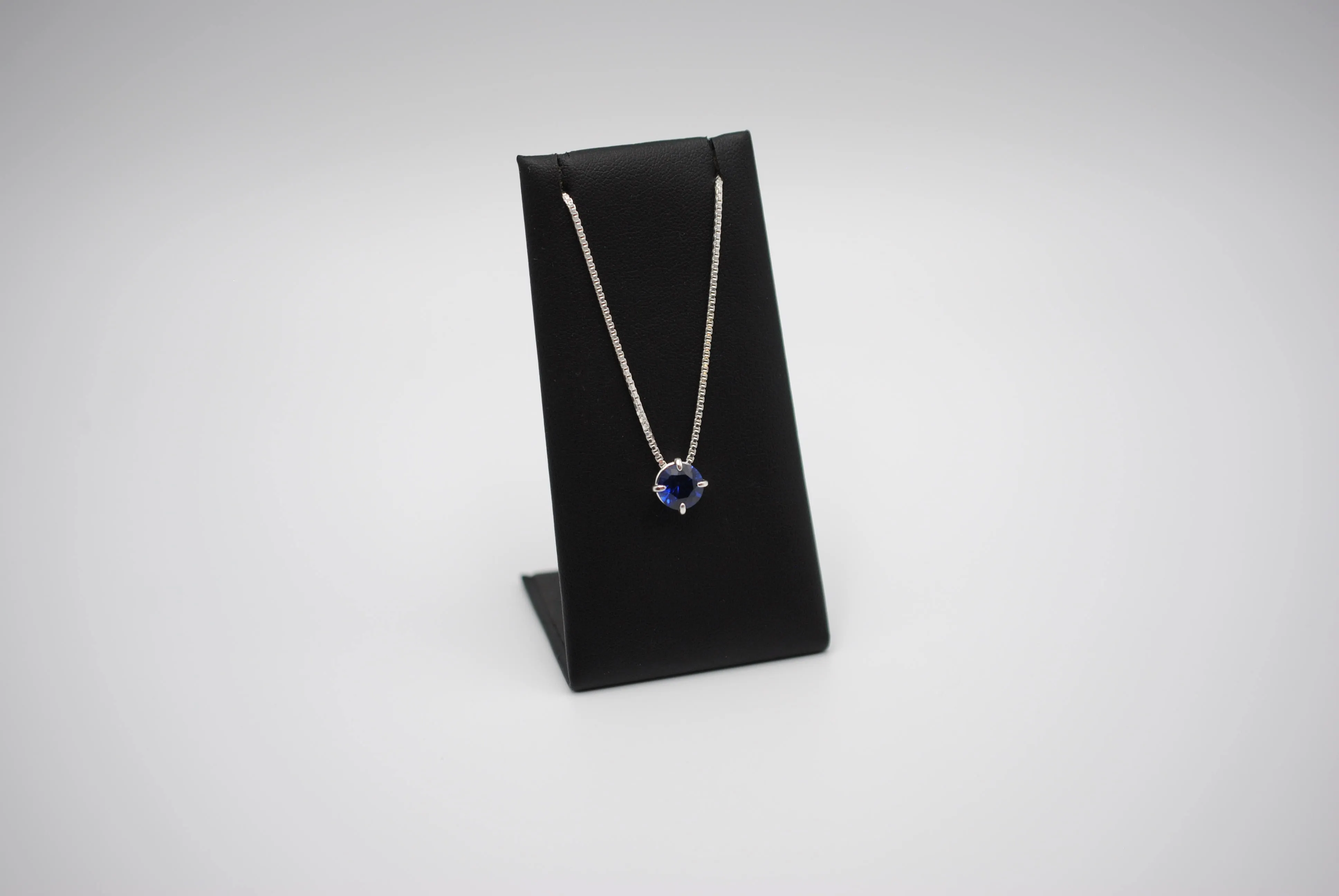 Birthstone Necklace: Round Sapphire, Silver Prong Setting, Adjustable Box Chain