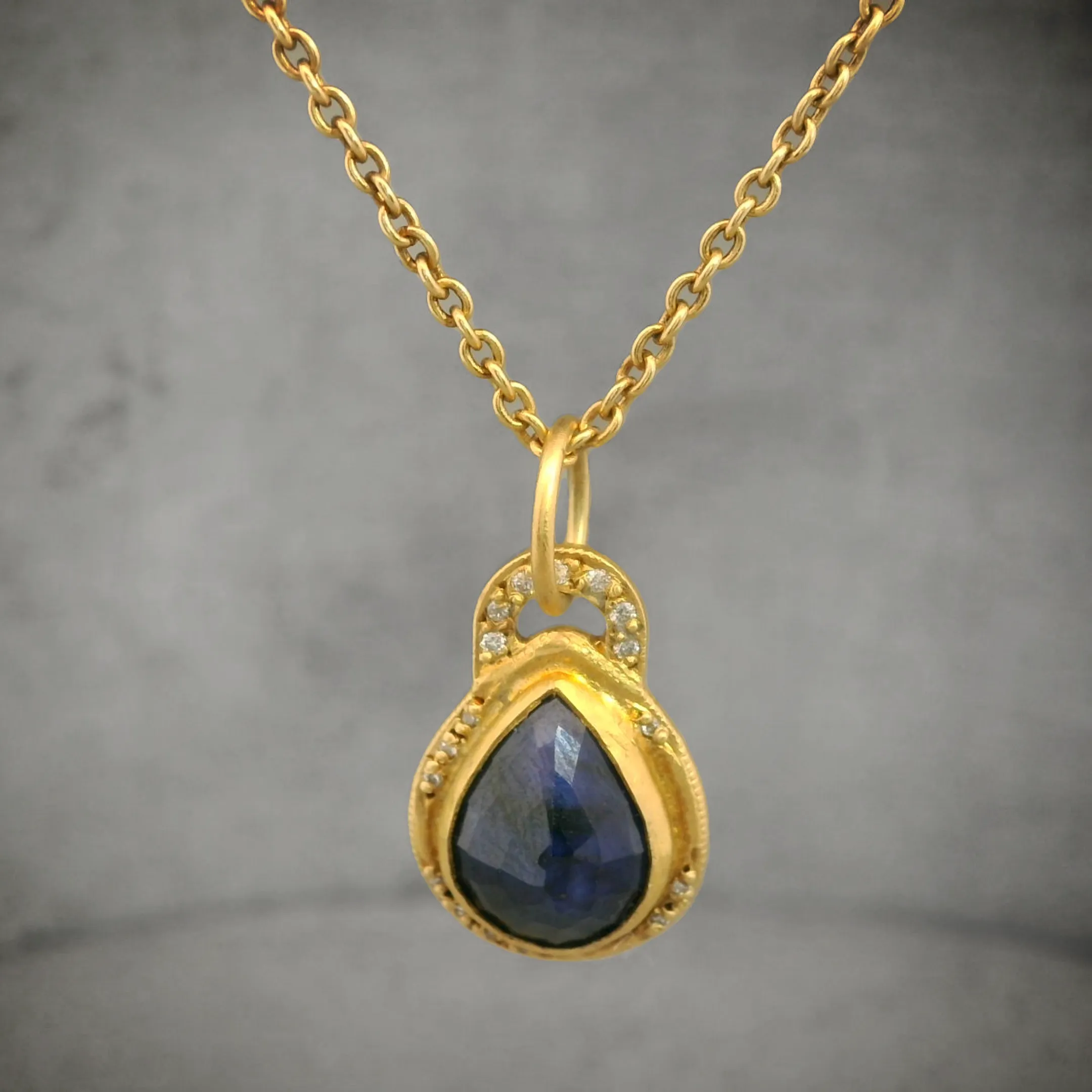 Deep Blue Sapphire and Diamond 24k Gold and Oxidized Silver Necklace