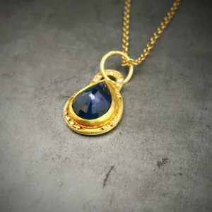 Deep Blue Sapphire and Diamond 24k Gold and Oxidized Silver Necklace