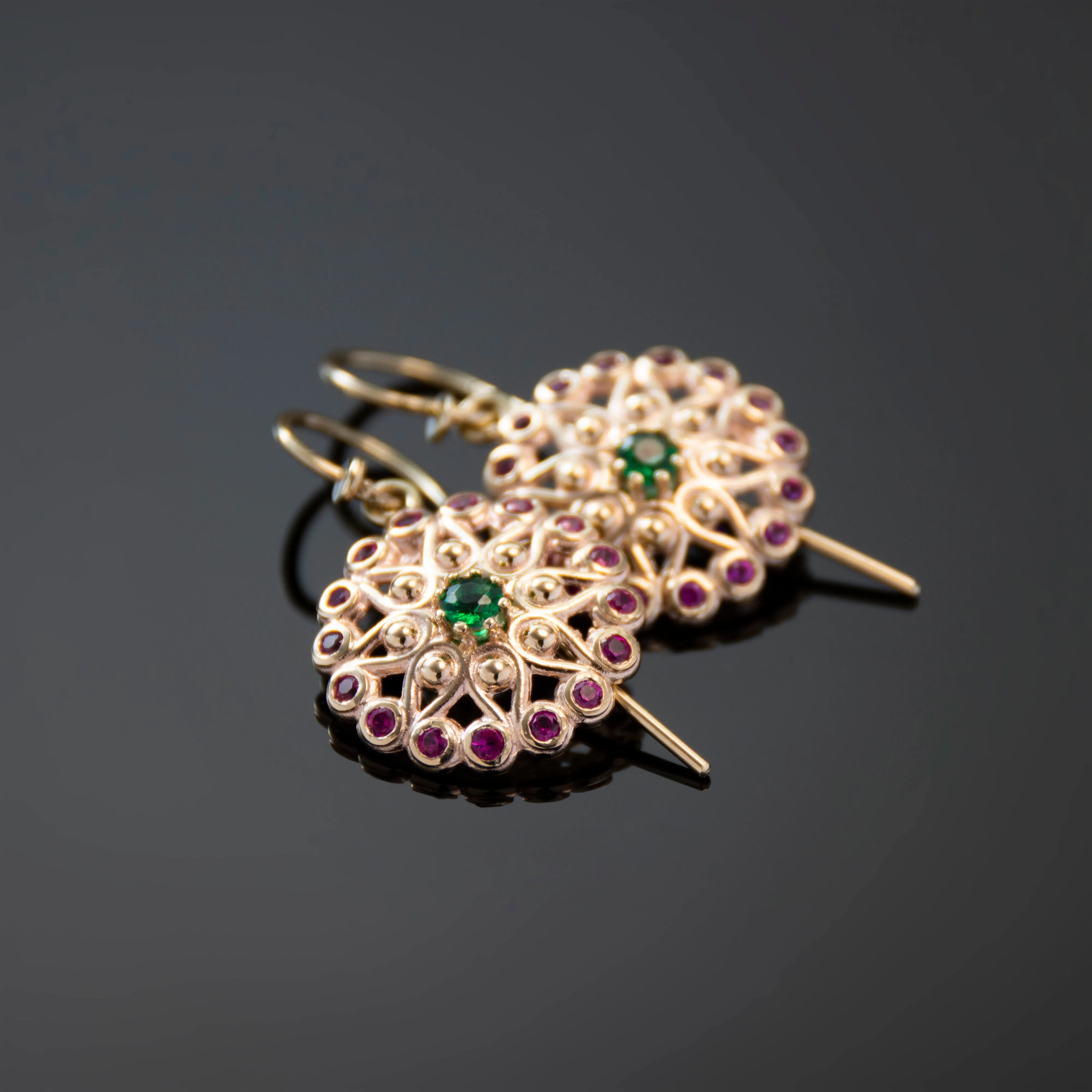 EG2243 Gold Flower Earrings with Emerald and Ruby