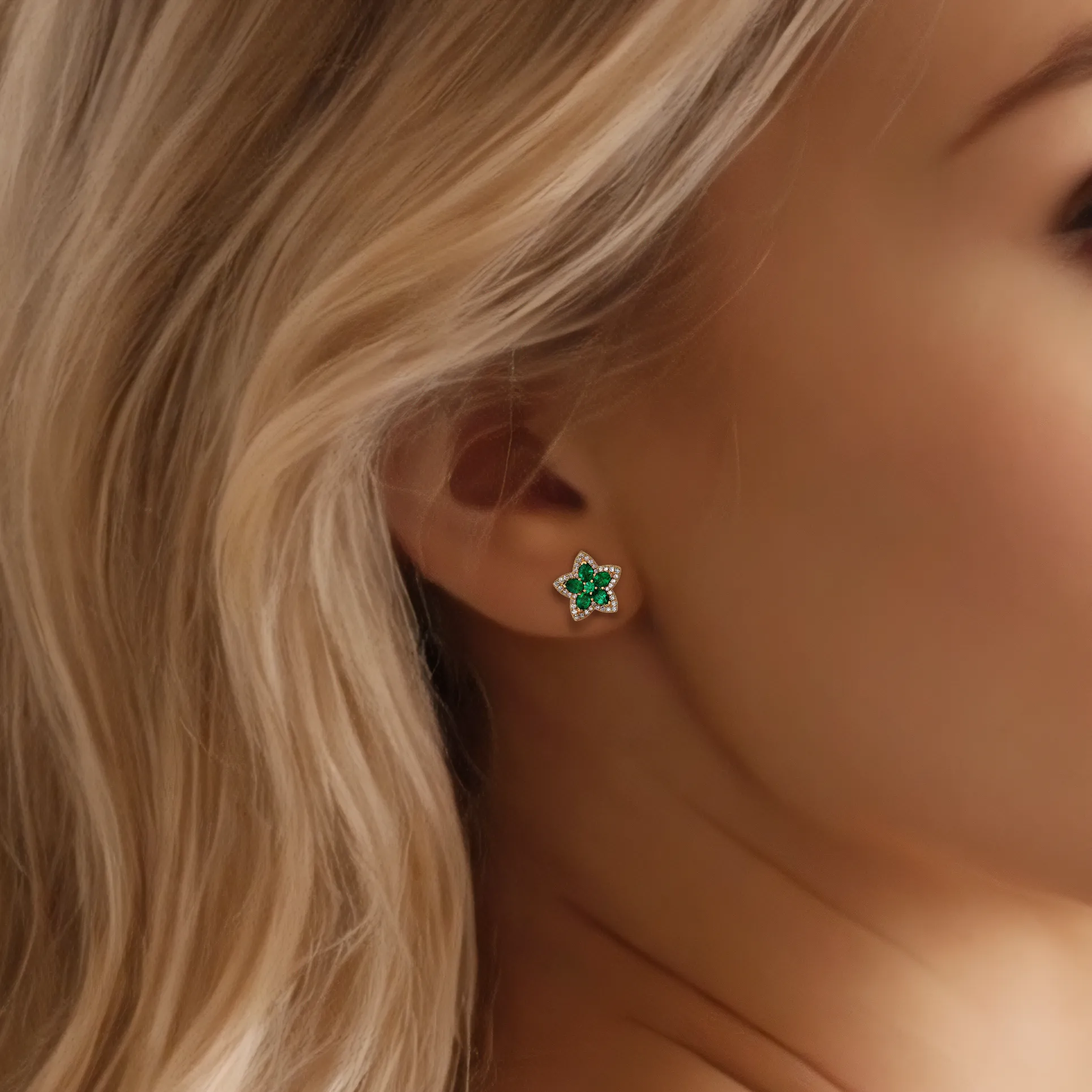 Emerald Ruby Gemstone Diamond Stud Earrings