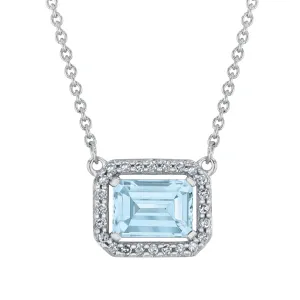 Emerald-Shaped Aquamarine and 1/8ctw Diamond Sterling Silver Necklace