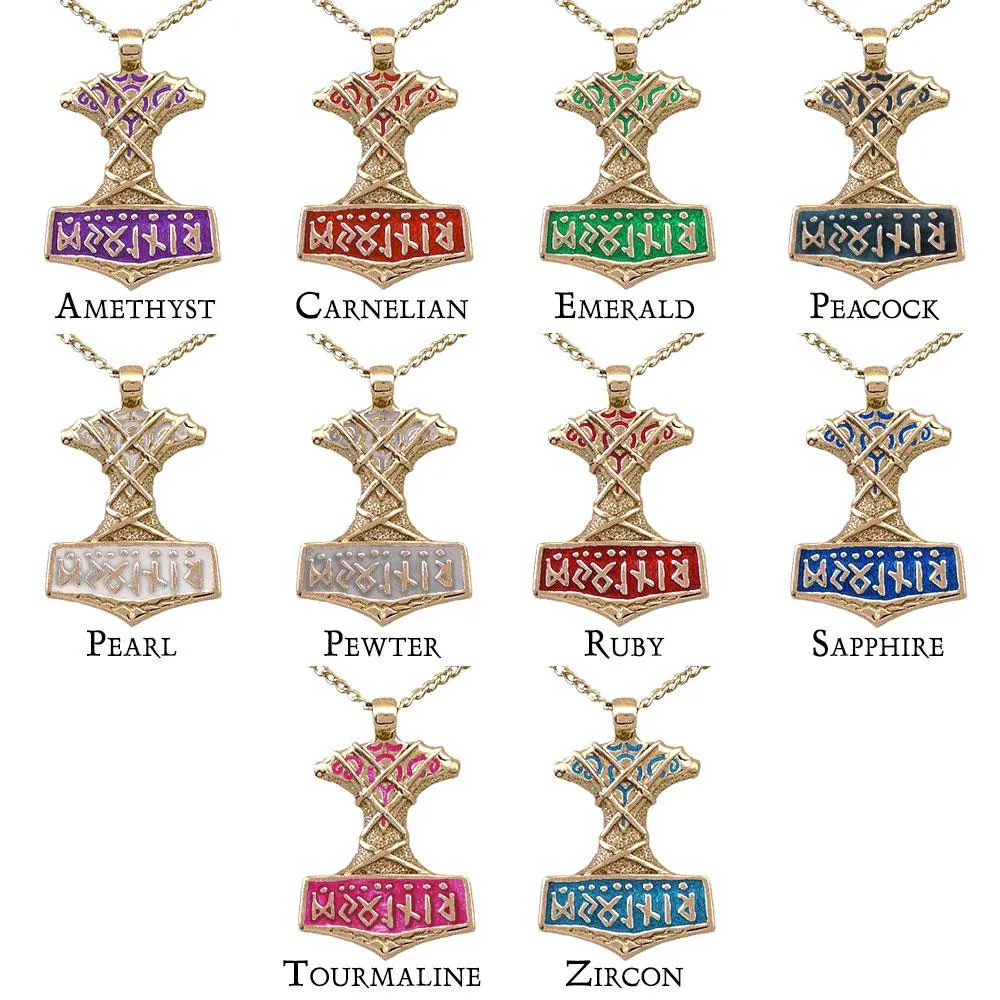 Gold Enameled Ornate Thor's Hammer Necklace