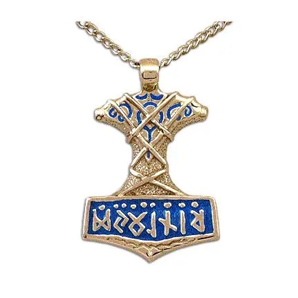 Gold Enameled Ornate Thor's Hammer Necklace