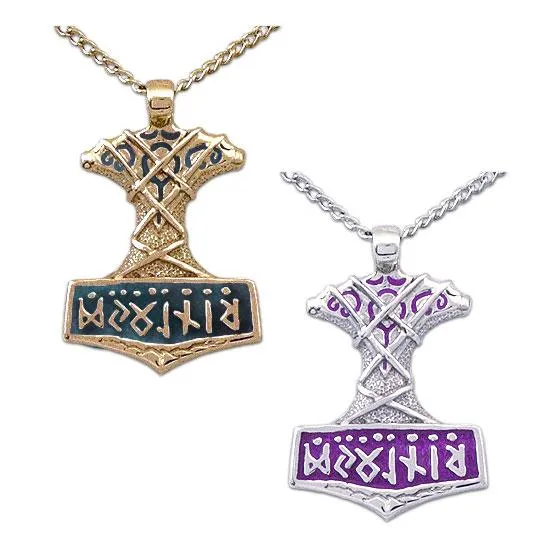 Gold Enameled Ornate Thor's Hammer Necklace