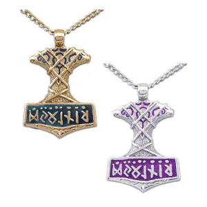 Gold Enameled Ornate Thor's Hammer Necklace