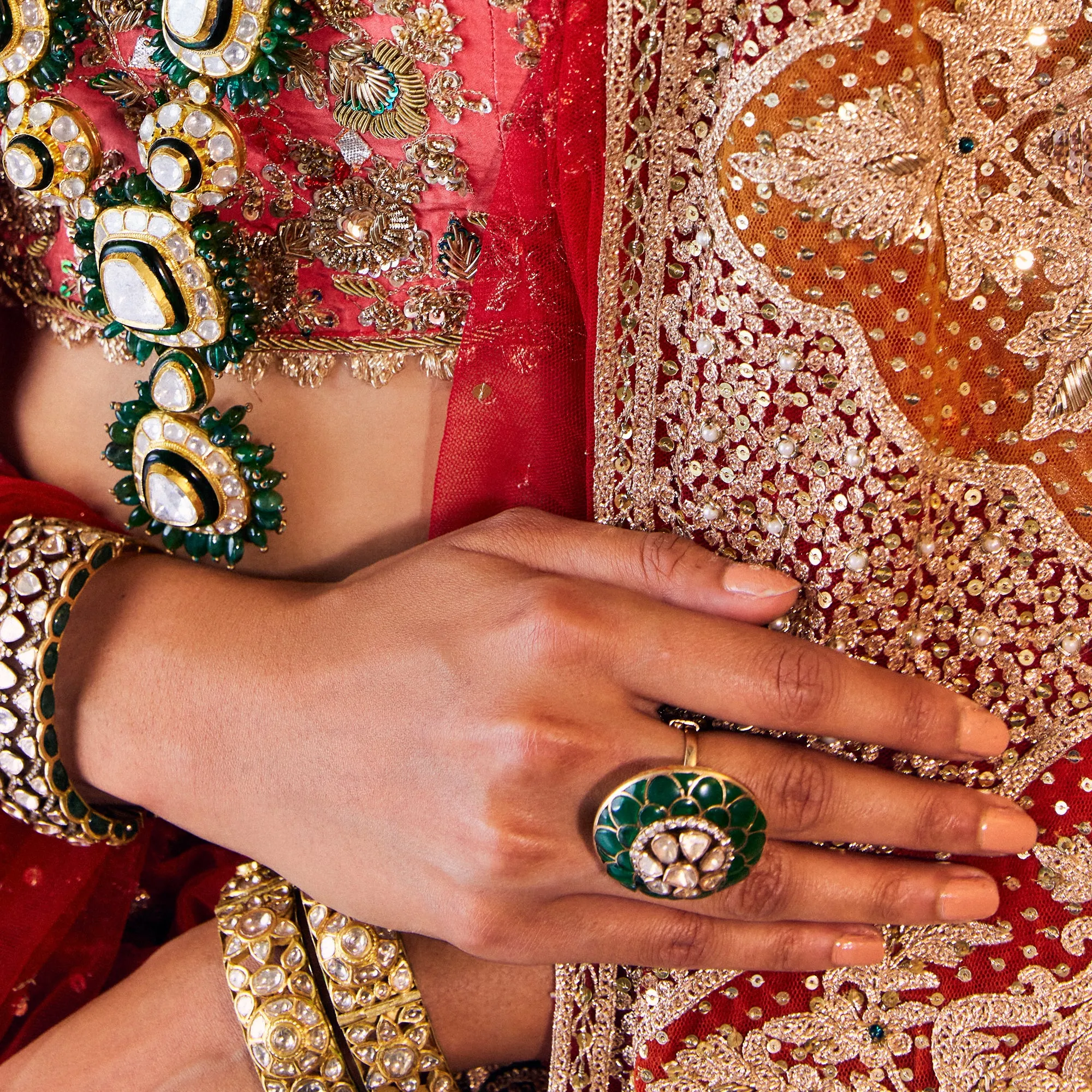 Green Polki Statement Ring