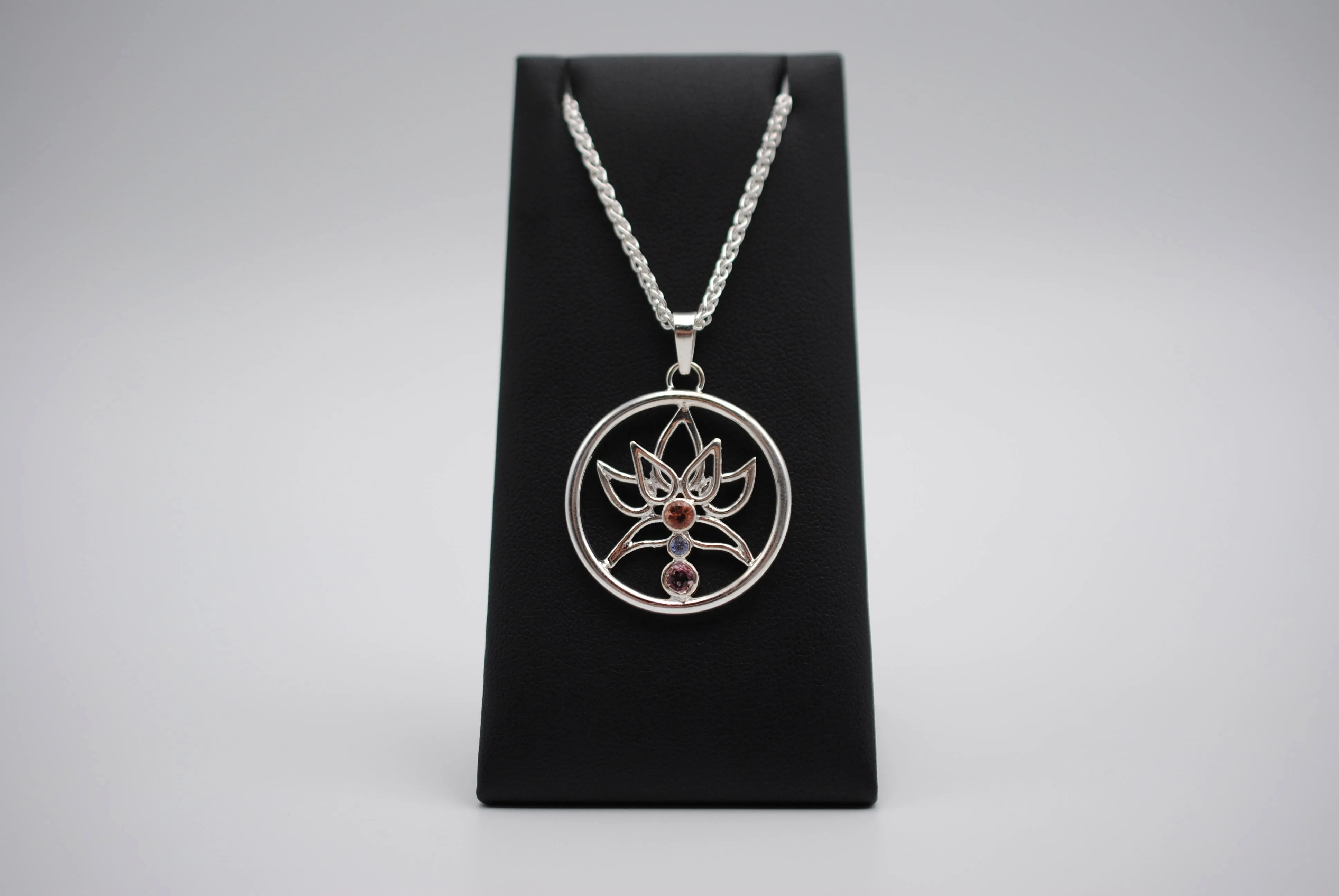 Indicolite Tourmaline and Nigerian Sapphire Lotus Pendant Necklace on Wheat Chain