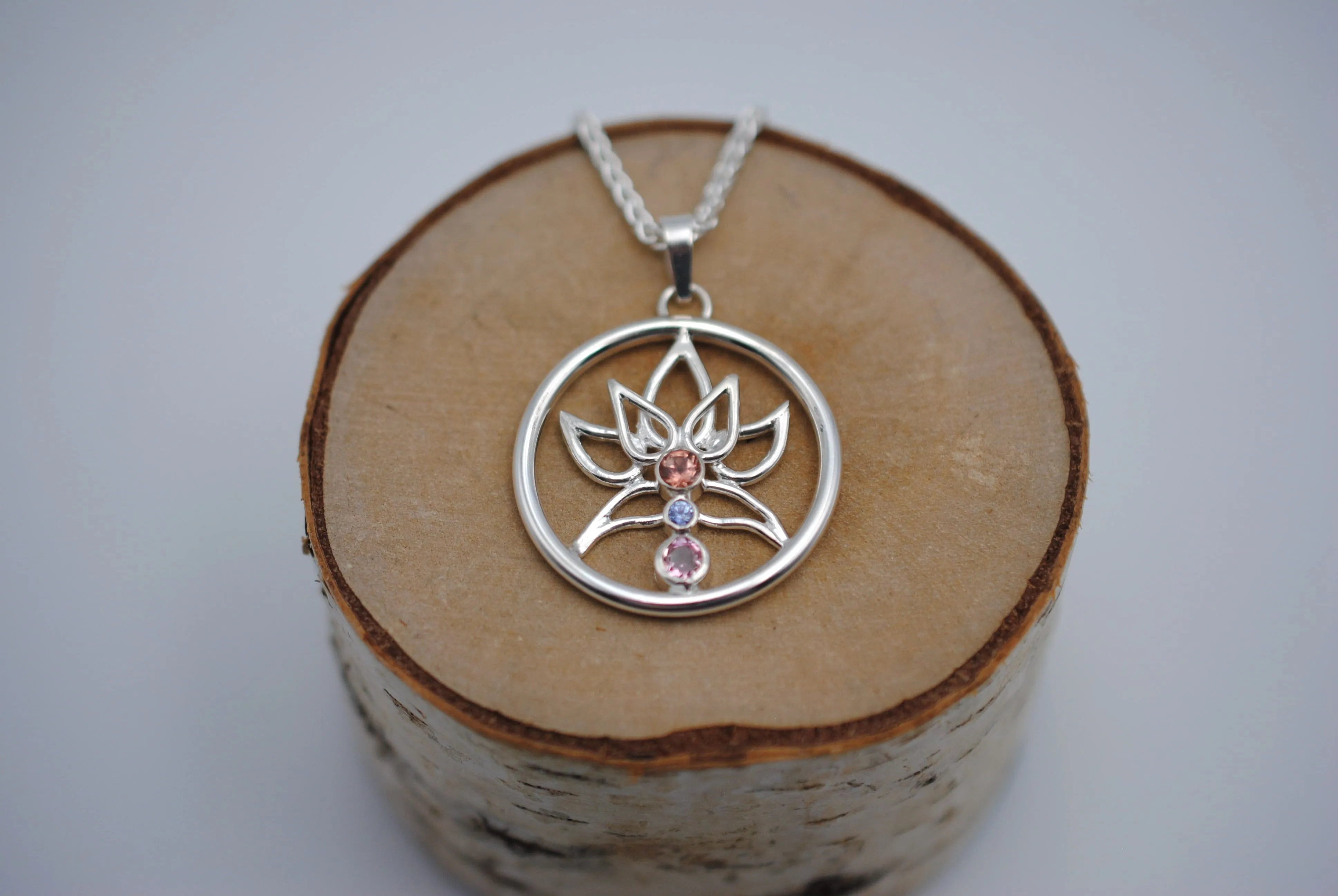 Indicolite Tourmaline and Nigerian Sapphire Lotus Pendant Necklace on Wheat Chain