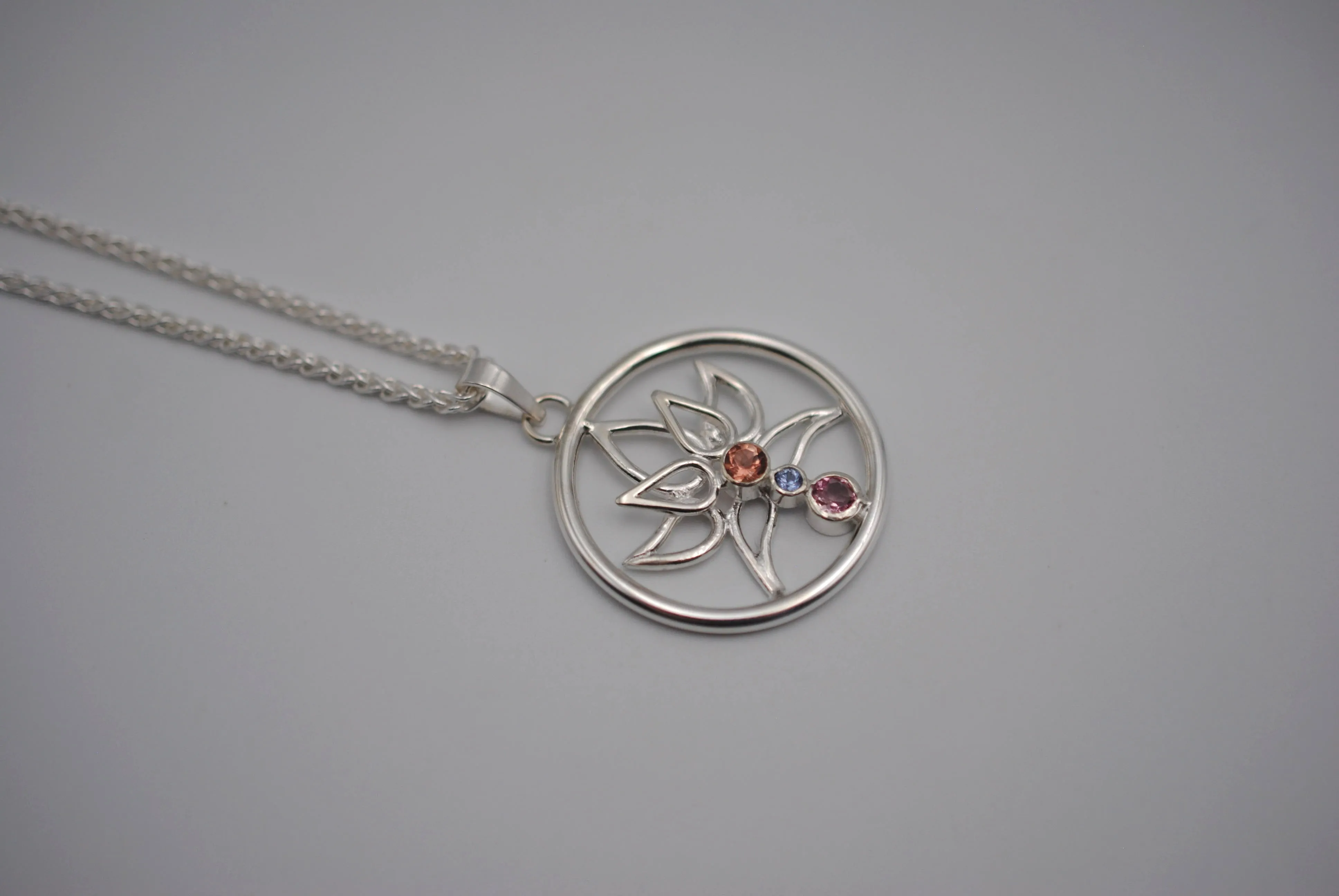 Indicolite Tourmaline and Nigerian Sapphire Lotus Pendant Necklace on Wheat Chain