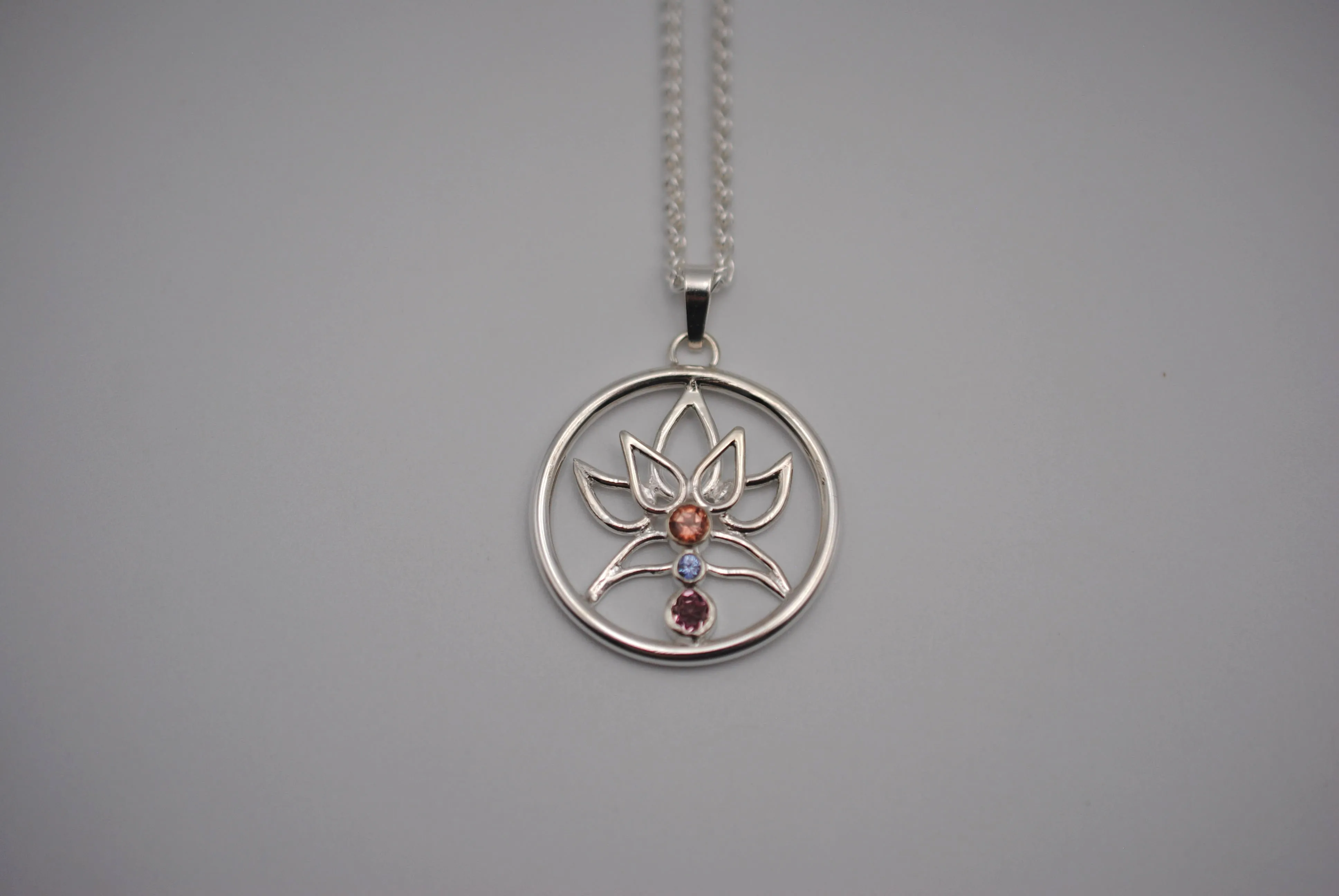 Indicolite Tourmaline and Nigerian Sapphire Lotus Pendant Necklace on Wheat Chain