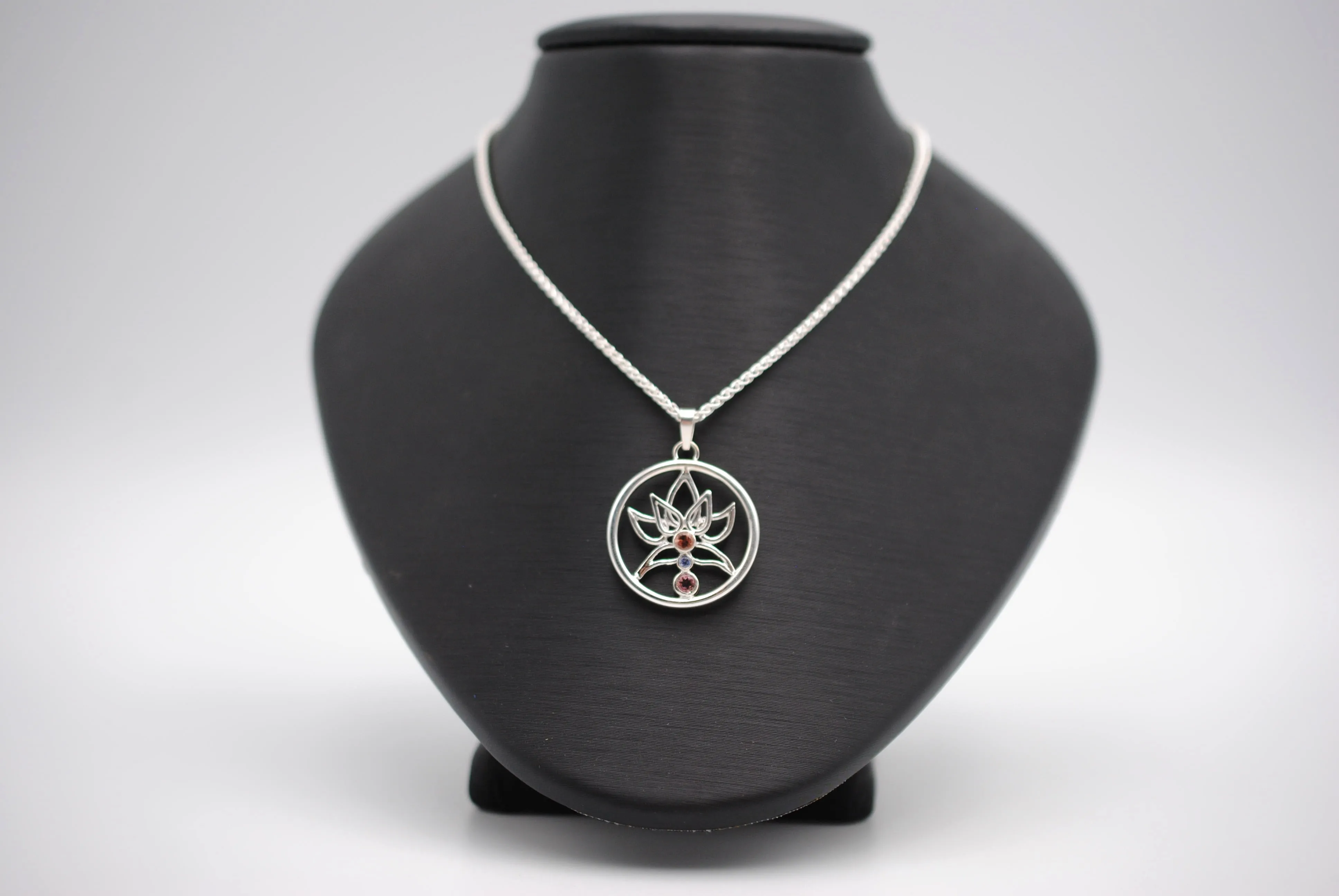 Indicolite Tourmaline and Nigerian Sapphire Lotus Pendant Necklace on Wheat Chain