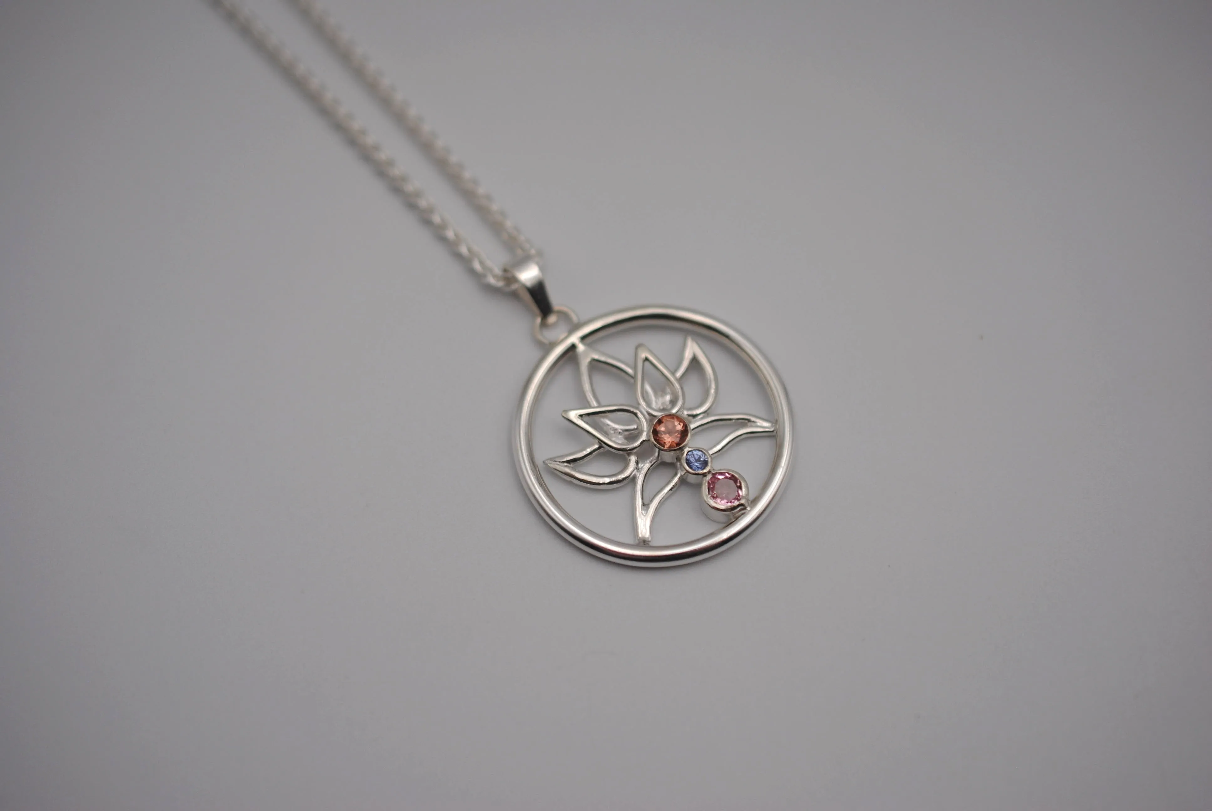 Indicolite Tourmaline and Nigerian Sapphire Lotus Pendant Necklace on Wheat Chain