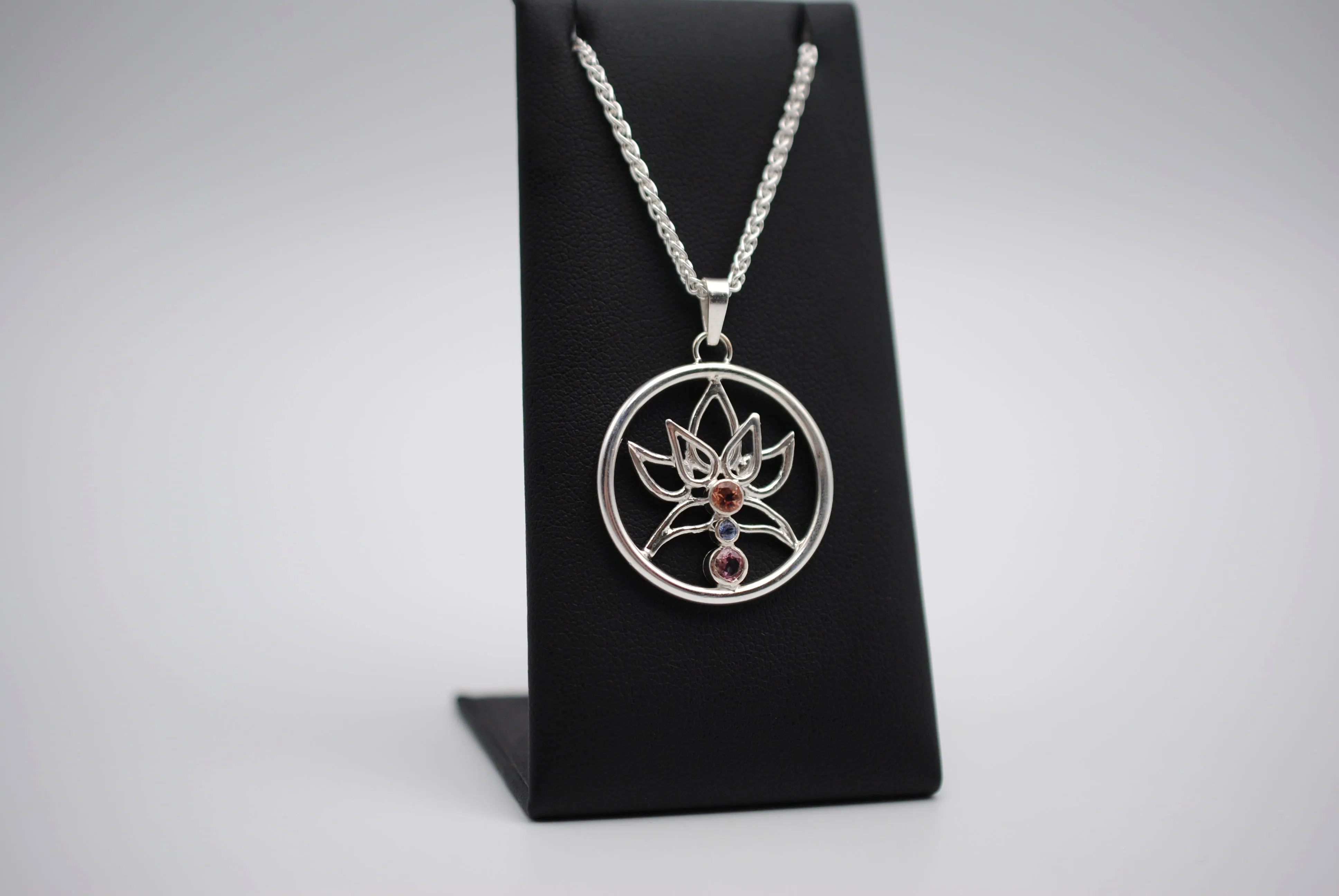 Indicolite Tourmaline and Nigerian Sapphire Lotus Pendant Necklace on Wheat Chain