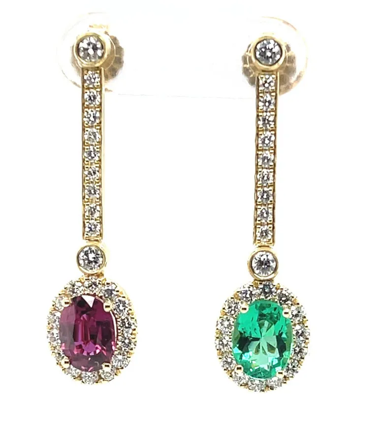 Interchangeable Ruby Drop Earrings with Diamond Line Tops in 18k Yellow Gold