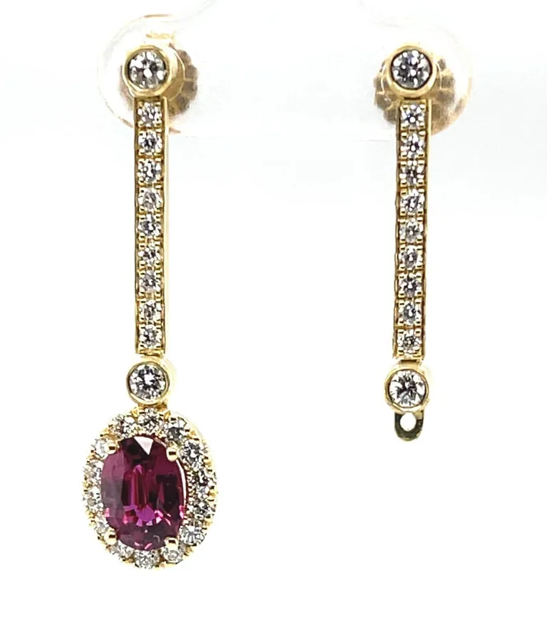 Interchangeable Ruby Drop Earrings with Diamond Line Tops in 18k Yellow Gold