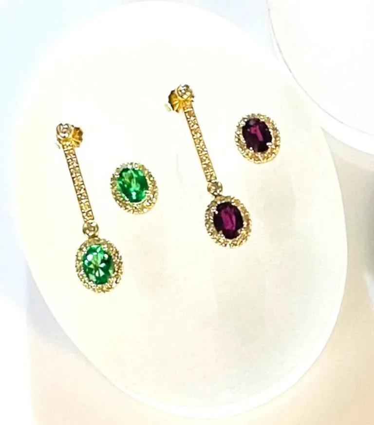 Interchangeable Ruby Drop Earrings with Diamond Line Tops in 18k Yellow Gold