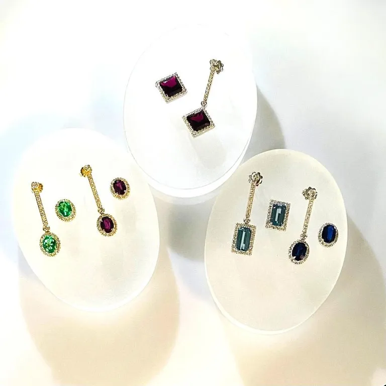 Interchangeable Ruby Drop Earrings with Diamond Line Tops in 18k Yellow Gold