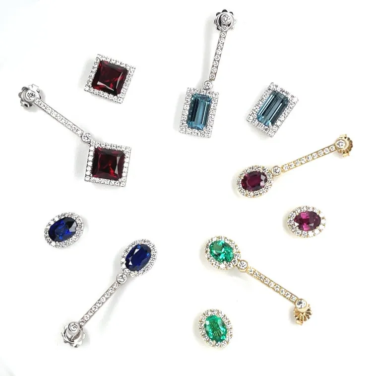 Interchangeable Ruby Drop Earrings with Diamond Line Tops in 18k Yellow Gold