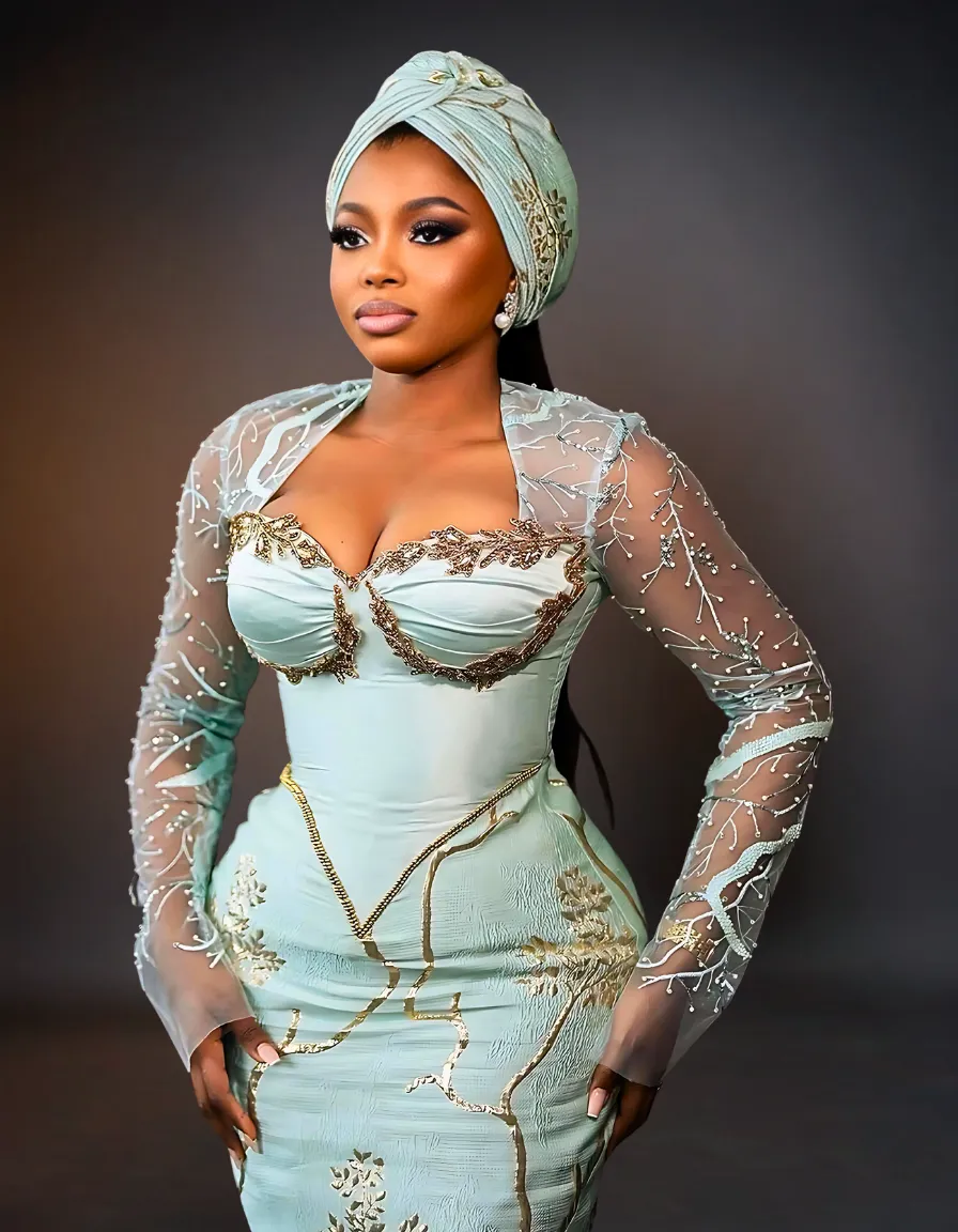 Luxurious Long Sleeve Aso Ebi Dresses | Mint Green