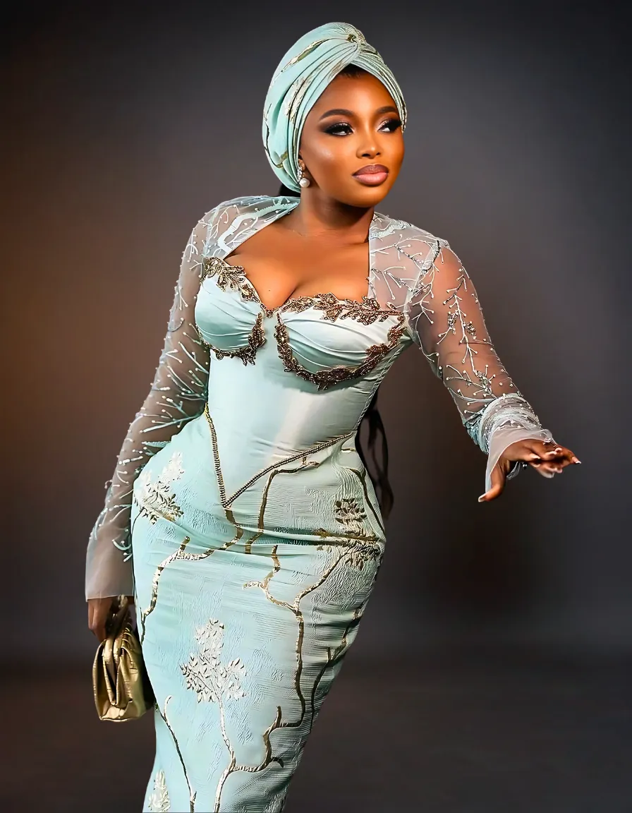 Luxurious Long Sleeve Aso Ebi Dresses | Mint Green