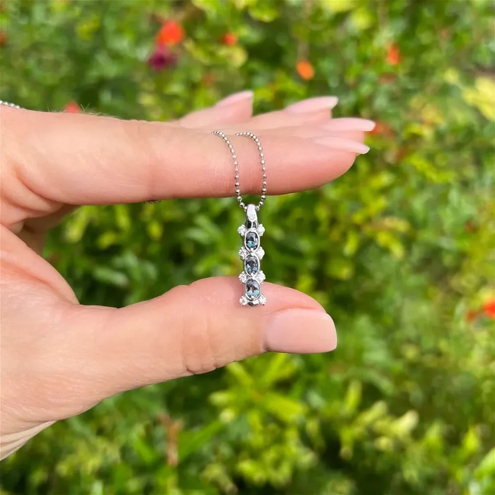 Platinum 3 Alexandrite & Diamond Drop Pendant Necklace 6.4g, 18" Adjustable at Regard Jewelry in Austin, Texas