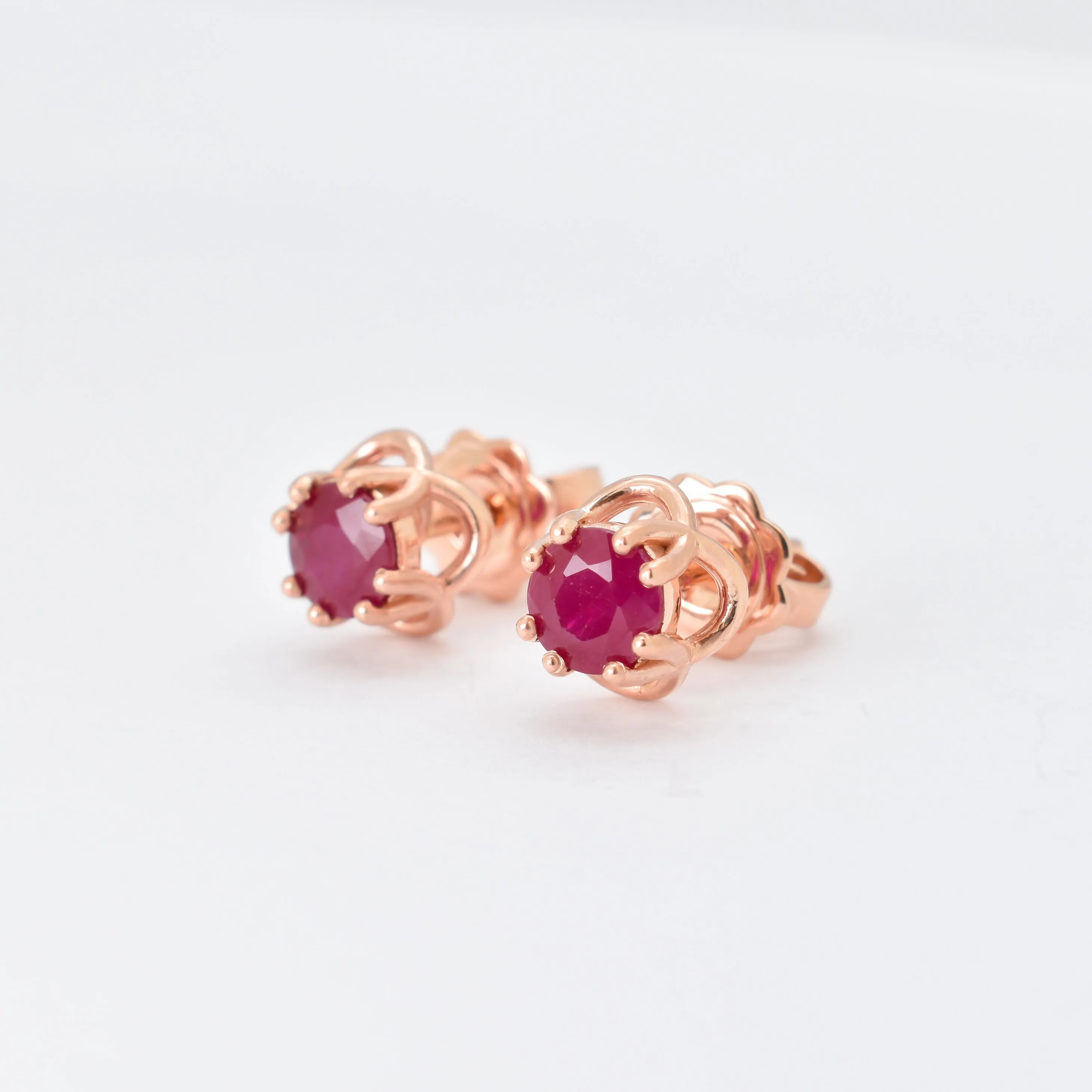 Real Gold Ruby Earrings - Solid Rose Gold Studs - Dainty Red Earrings