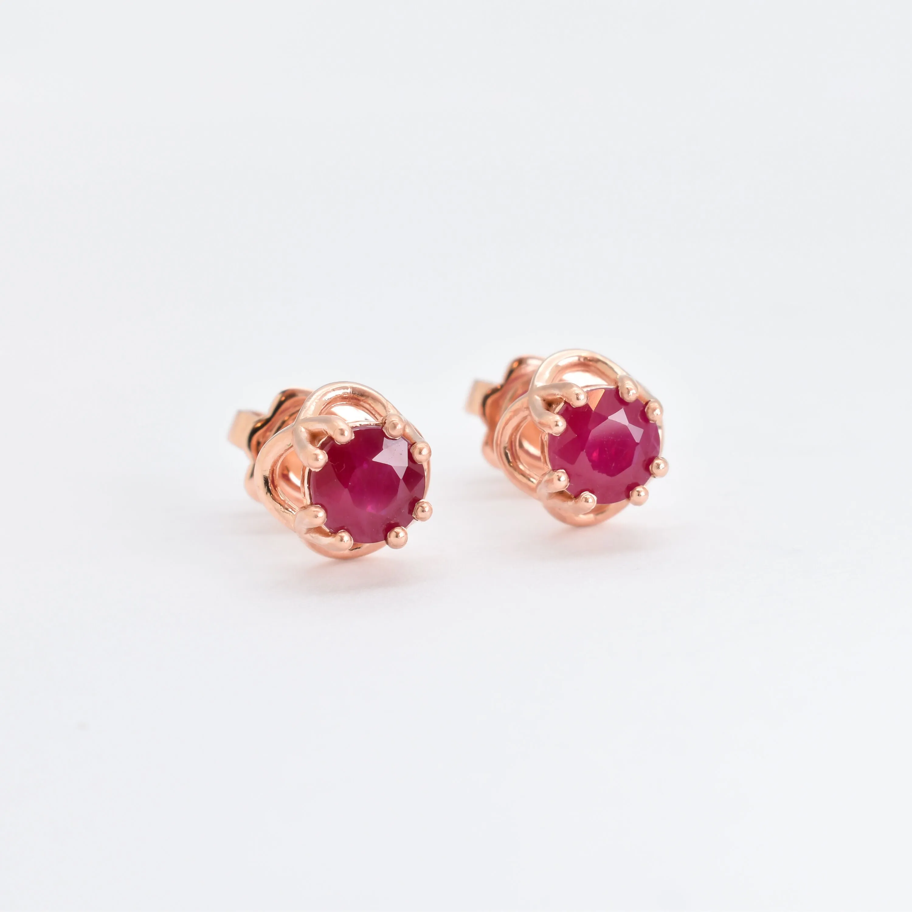 Real Gold Ruby Earrings - Solid Rose Gold Studs - Dainty Red Earrings