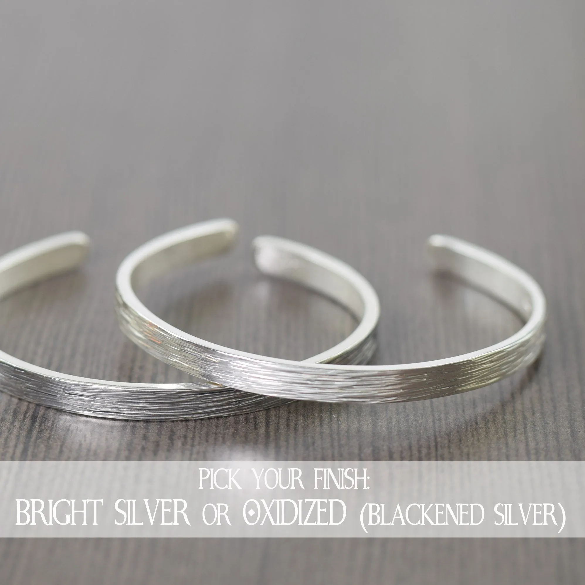 Silver cuff bracelet with wood grain texture, Unisex jewelry