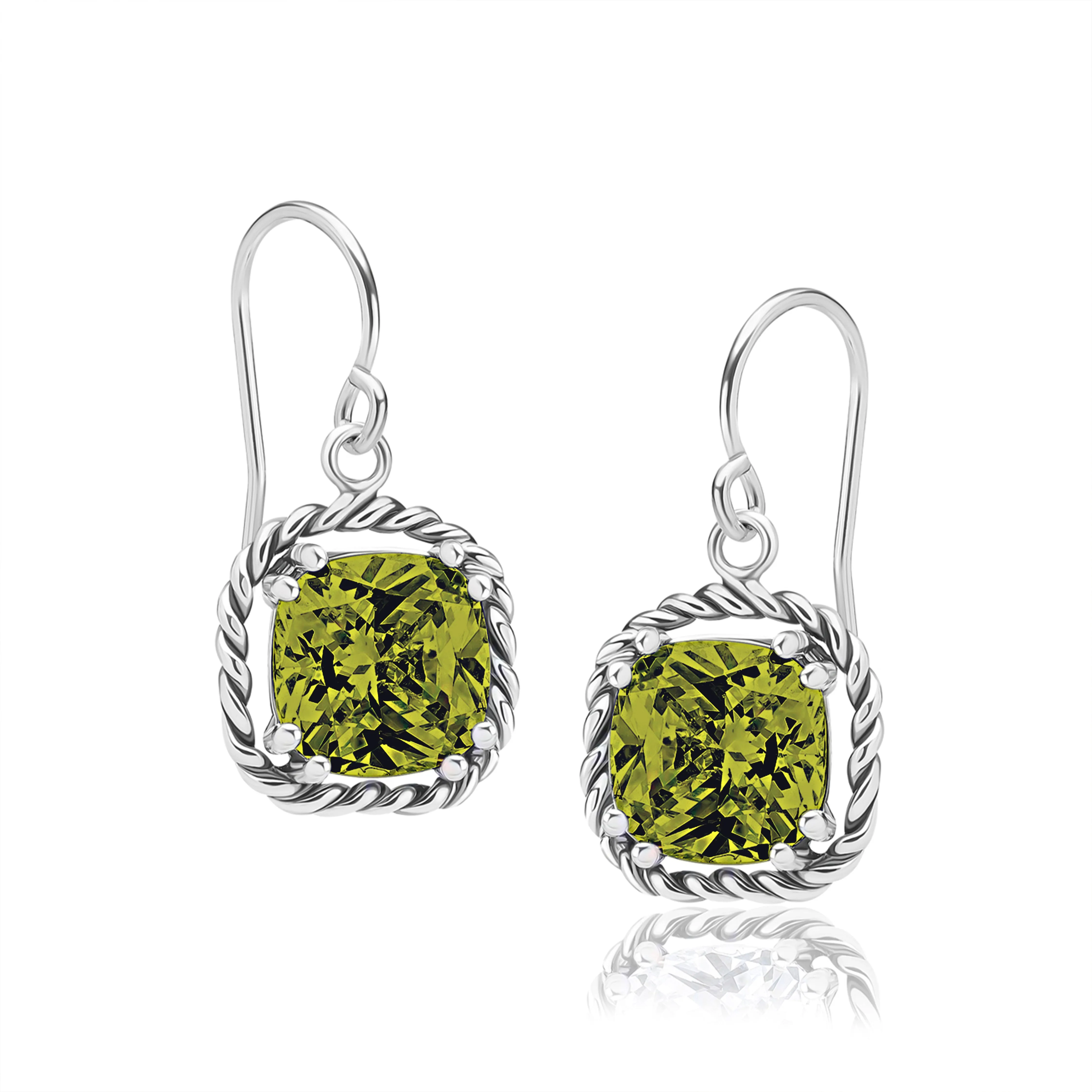 Sterling Silver Peridot CZ Rope Dangle Earrings