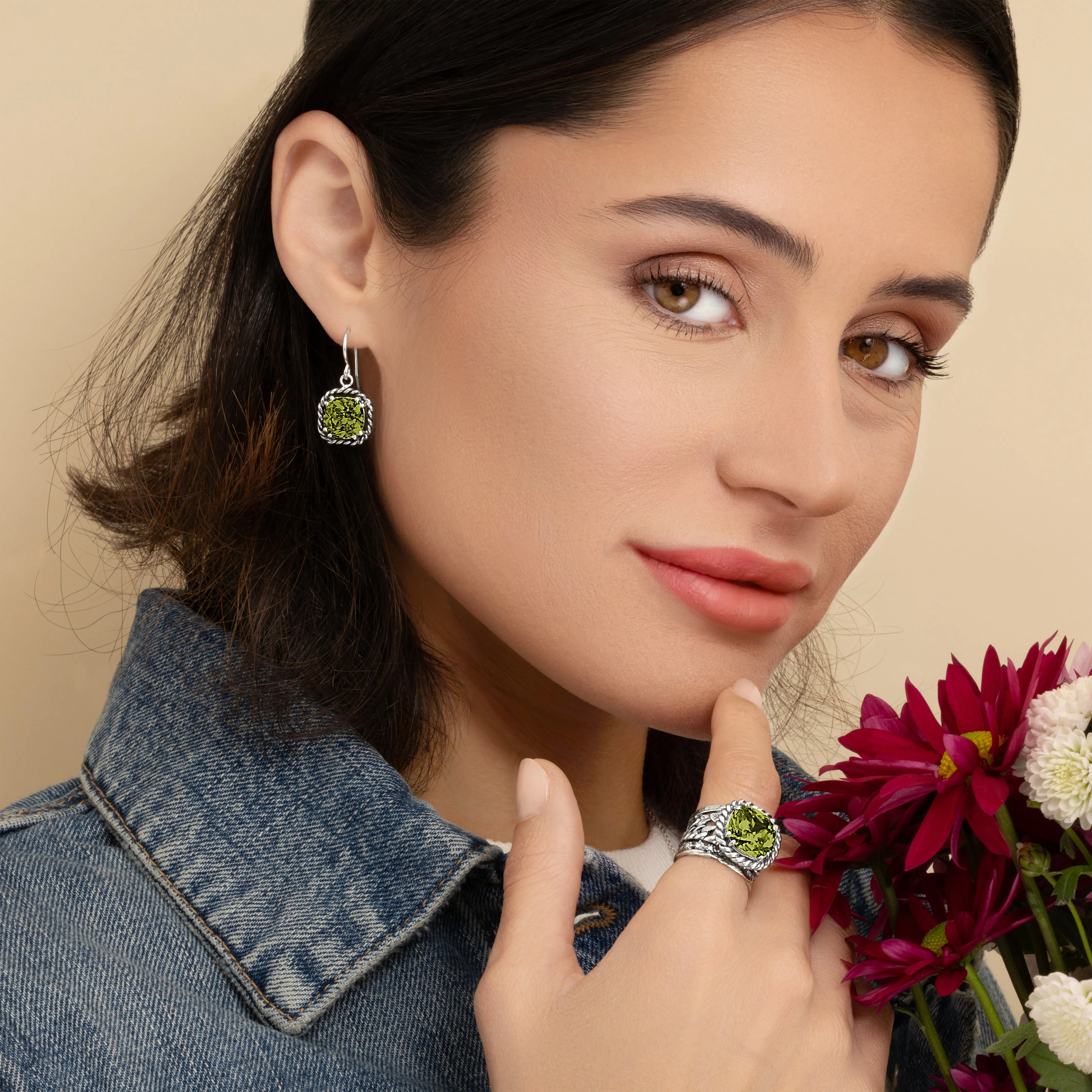 Sterling Silver Peridot CZ Rope Dangle Earrings