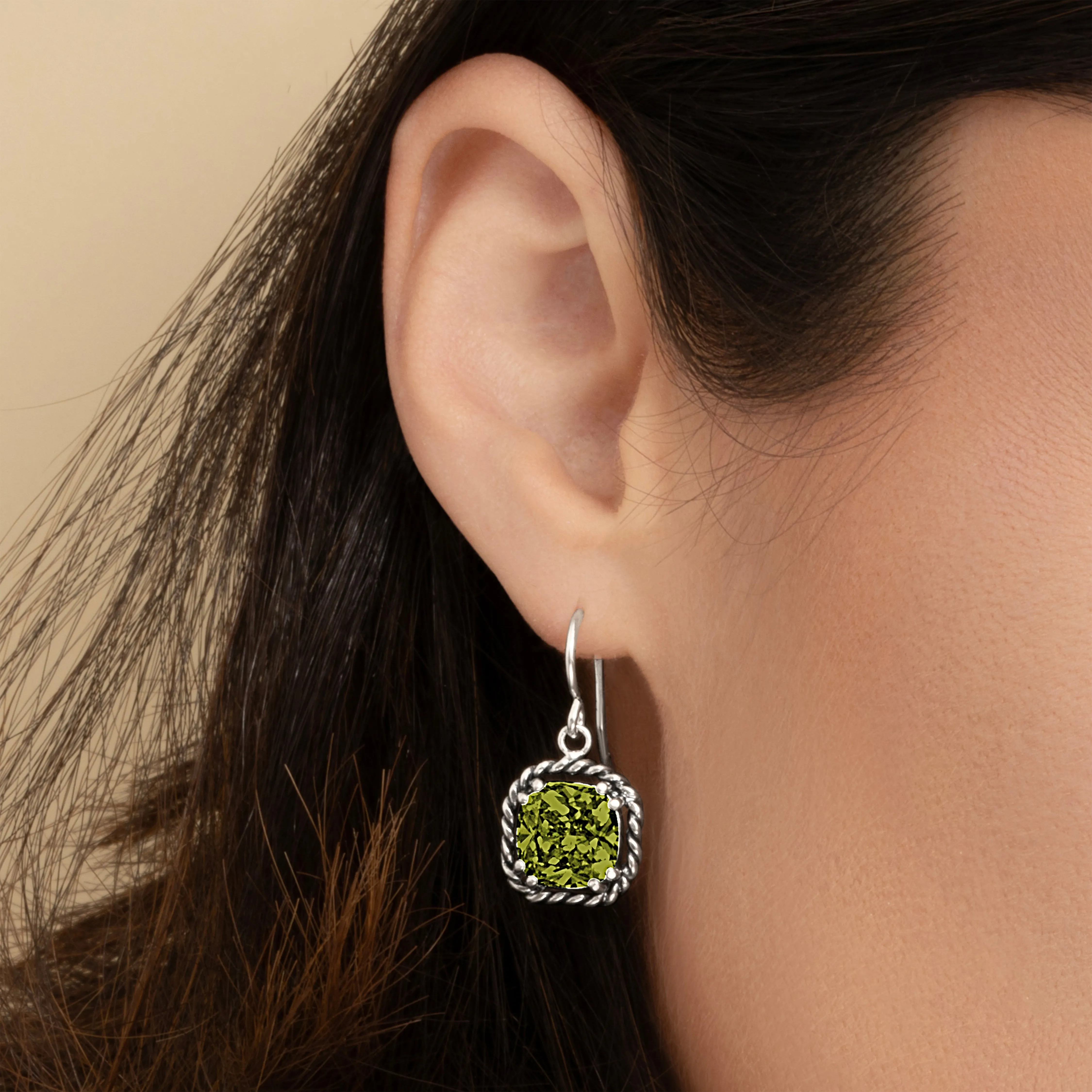 Sterling Silver Peridot CZ Rope Dangle Earrings
